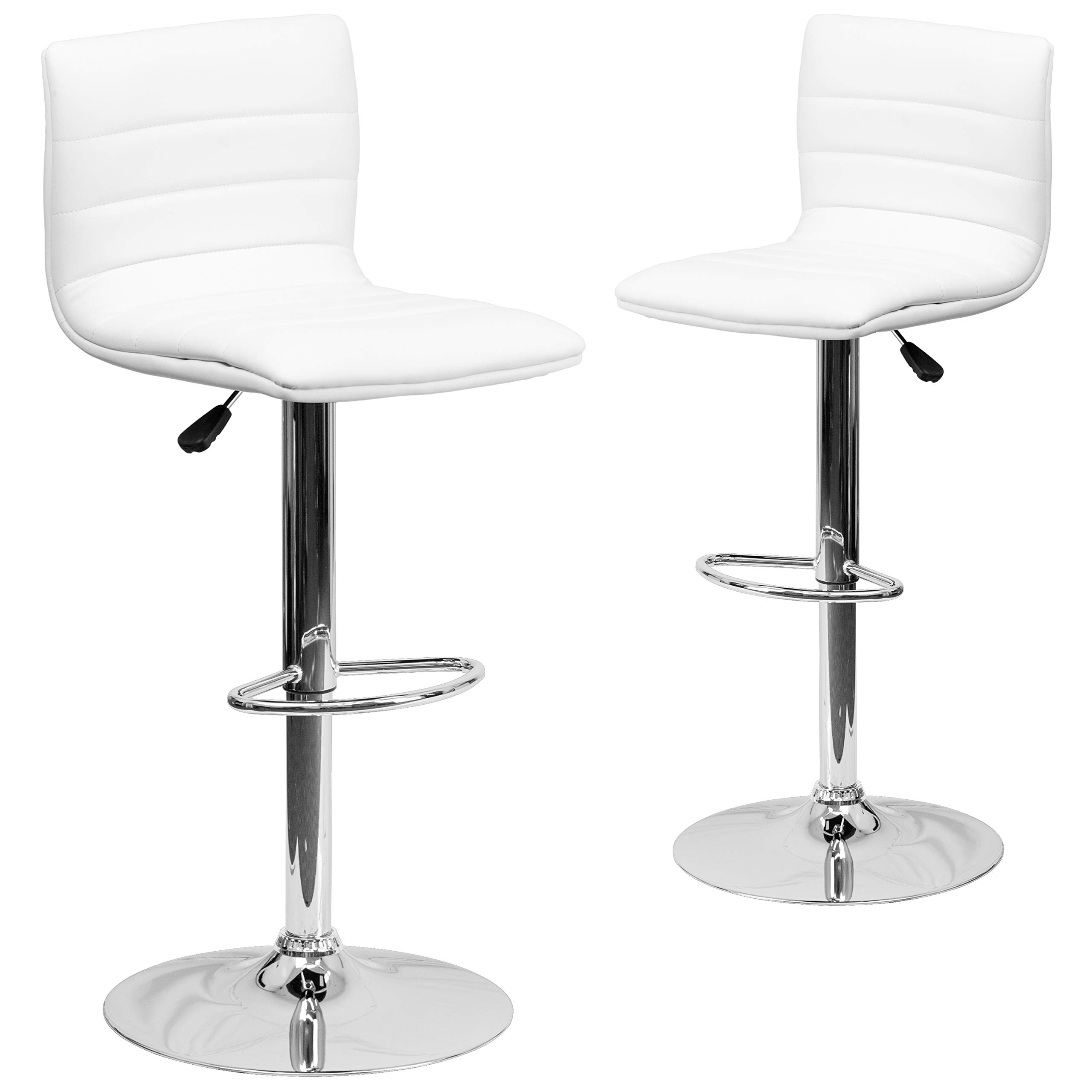 2 Pack White Vinyl Adjustable Height Bar Stools with Horizontal Stitch Back - Perfect for Kitchen Island, Breakfast Nook & Home Bar Counter Seating