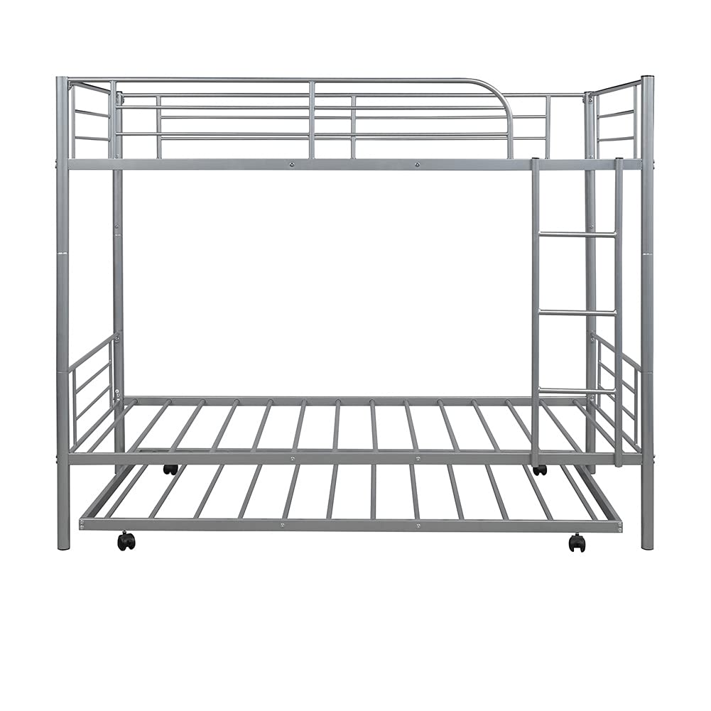 Metal Twin Over Twin Bunk Bed with Trundle - Convertible to 2 Separate Beds, No Box Spring Required (Silver) | Space-Saving Kids Bedroom Furniture for Small Rooms, Guest Rooms & Vacation Homes