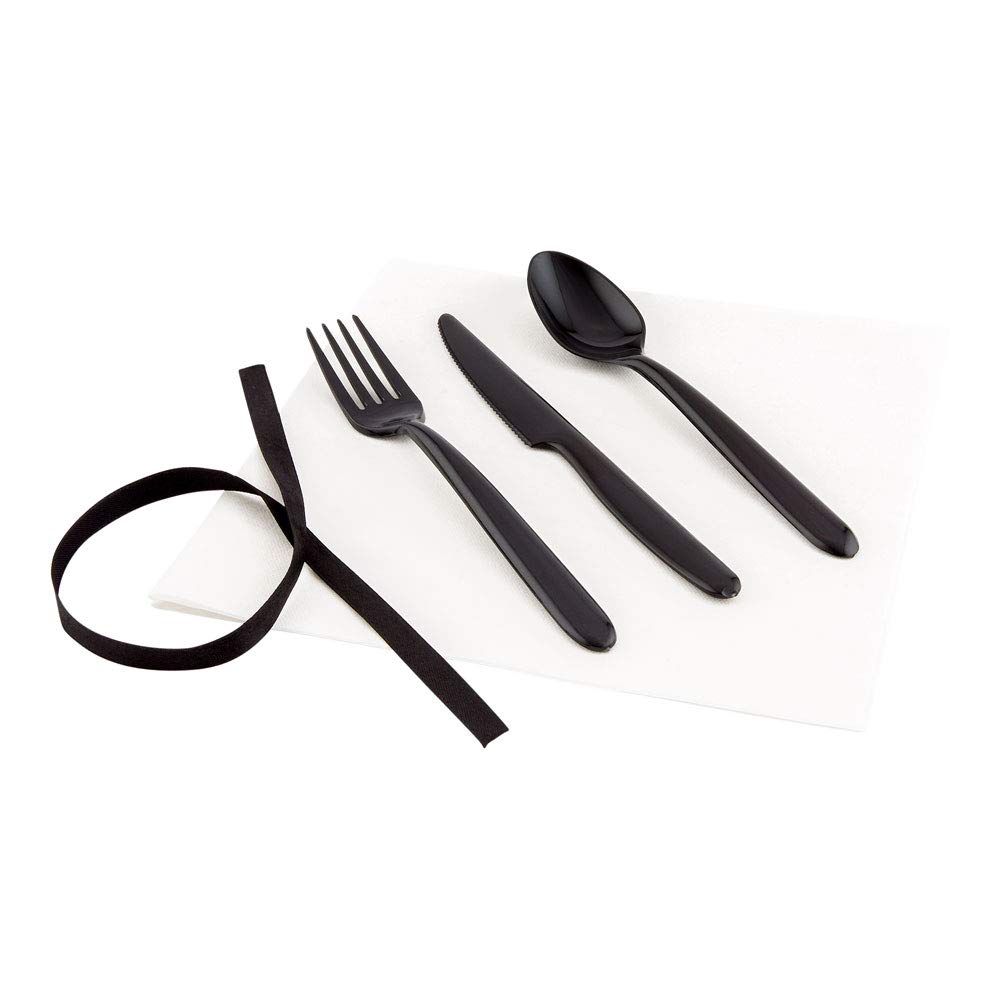 Restaurantware 7.3 x 2 Inch Plastic Cutlery Sets - 100-Piece Disposable Flatware with White Napkins & Black Ribbon - Perfect for Parties, Catering, Takeout & Outdoor Events