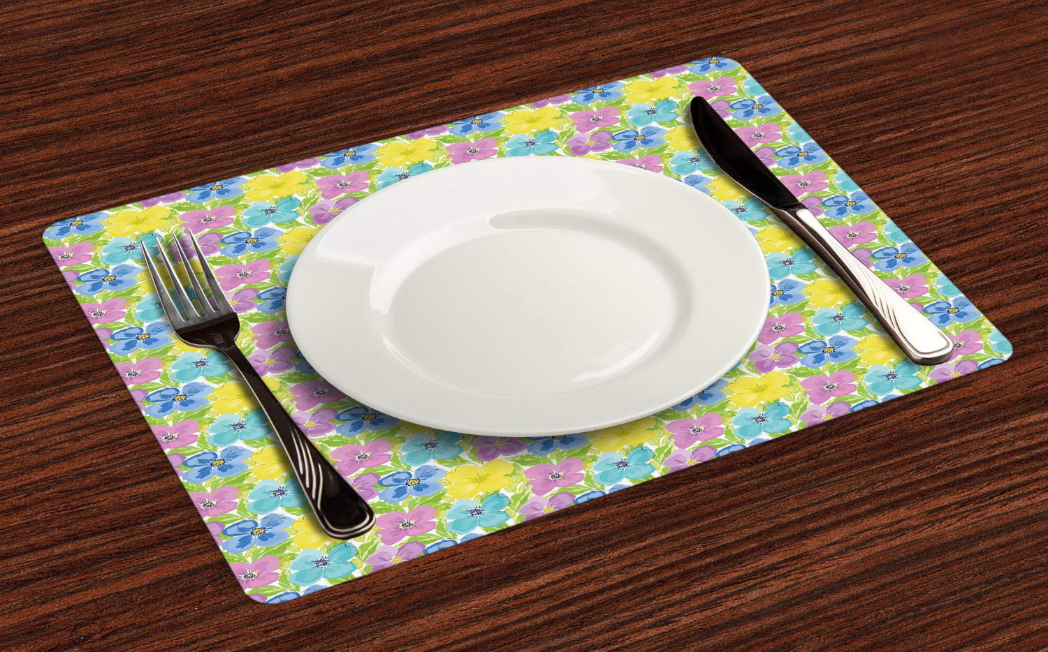 Ambesonne Floral Placemats Set of 4 - Watercolor Abstract Flowers & Leaves Design, Washable Fabric Table Mats for Dining Room, Kitchen, Standard Size 12x18 Inch, Multicolor - Perfect for Dinner Parties, Holiday Decor & Everyday Use