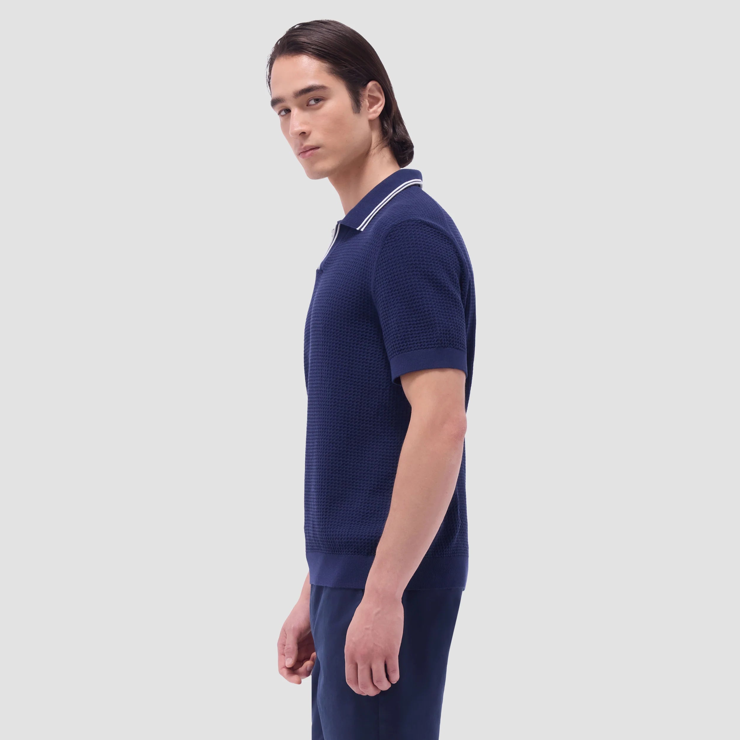 Bugatchi Men's Short Sleeve Johnny Collar Sweater - Navy Blue Cotton Knit Pullover for Casual Wear & Office Outfits