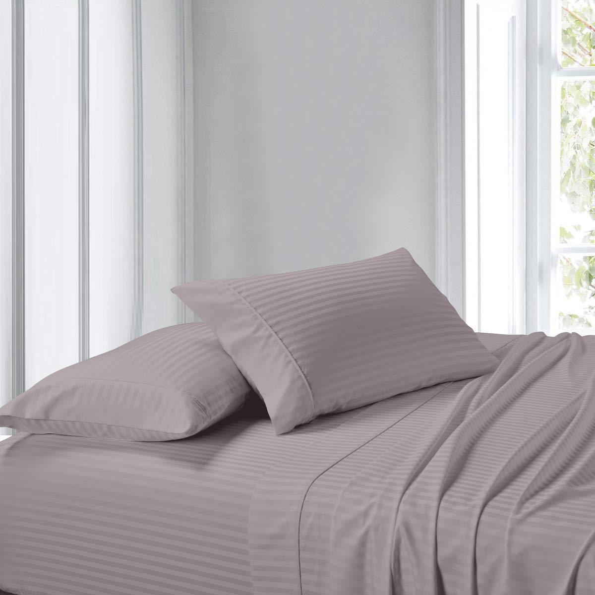 Premium Set of 2 Lilac 300-Thread Count Striped Queen Size Pillowcases - Soft Luxury Bedding for Home, Hotel & Guest Room Decor