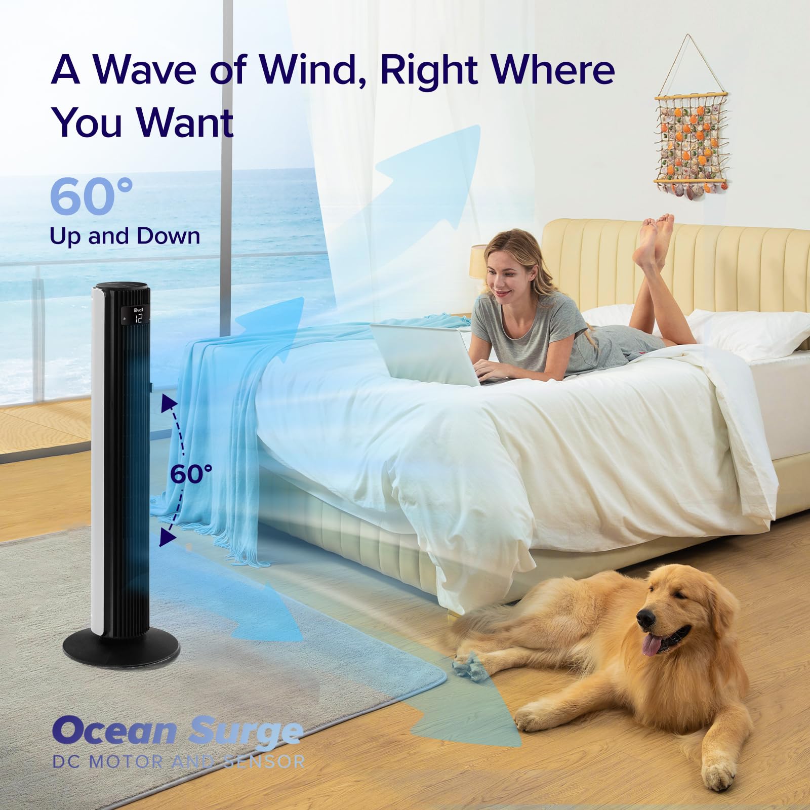 LEVOIT Classic 42-inch Tower Fan - 1252 CFM High Velocity Cooling Fan with 25dB Ultra Quiet Operation, 90° Left/Right & 60° Up/Down Oscillation, 12H Timer, 12 Speed Settings & 4 Modes - Remote Control Included for Bedroom, Office & Living Room Use