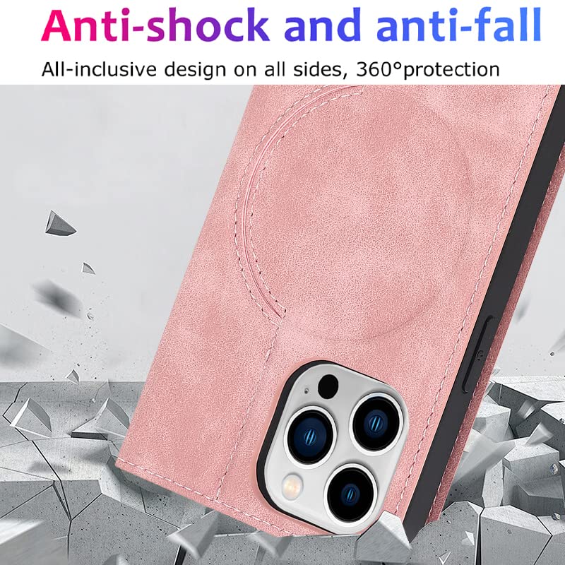 QLTYPRI Magnetic Wallet Case for iPhone 13 Pro Max - Magsafe Compatible, RFID Blocking Card Holder, PU Leather Flip Folio Cover with Kickstand | Shockproof Protective Phone Case in Rose Gold | Perfect for Travel, Work & Everyday Use