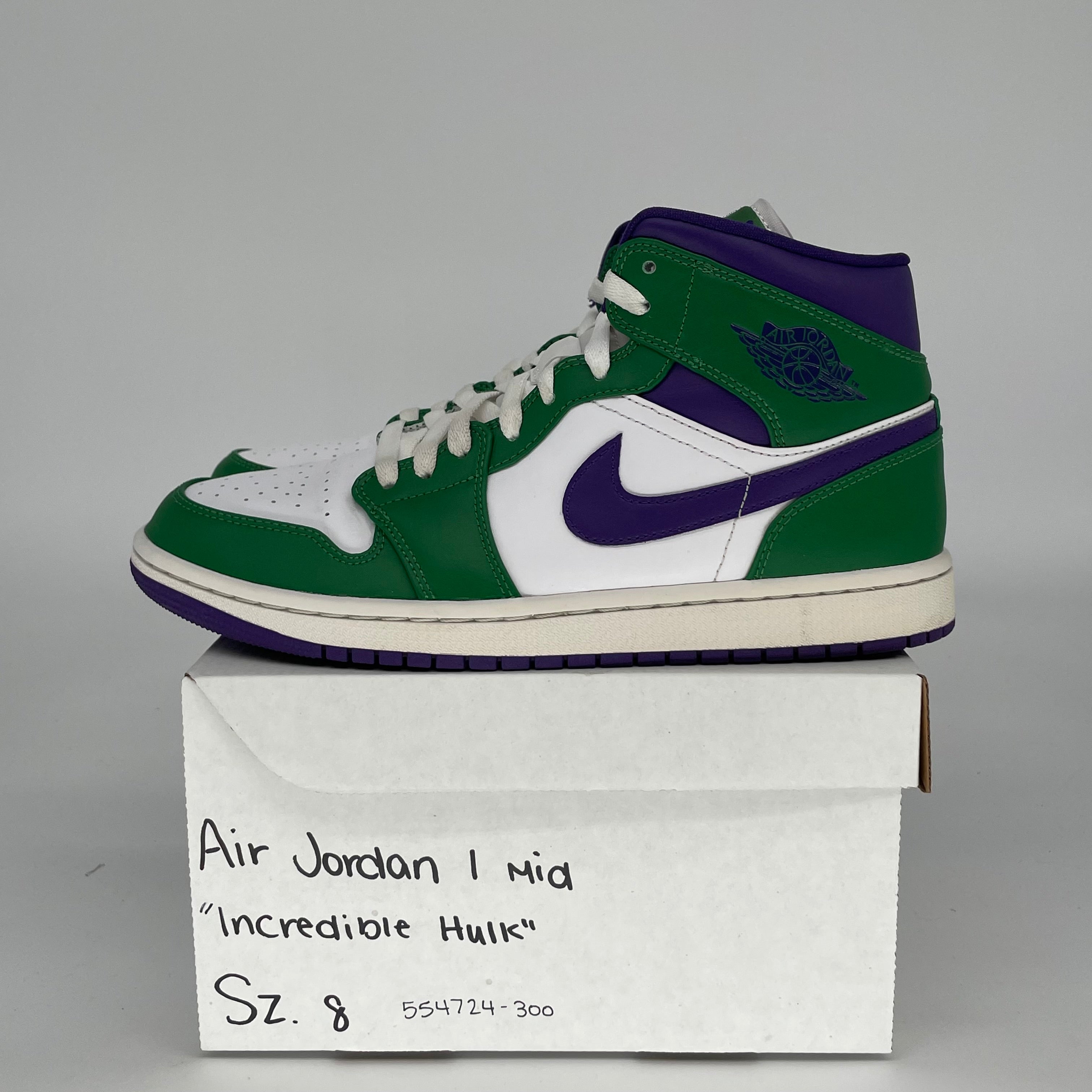 AIR JORDAN 1 MID INCREDIBLE HULK Sneakers - Men's Size 8 (554724-300) - Green & Black Basketball Shoes for Casual Wear & Street Style