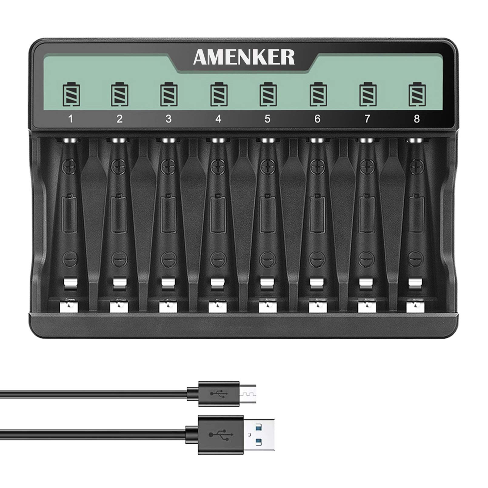 8 Bay AA AAA Battery Charger with LCD Display - Fast USB/Type C Charging for Ni-MH Ni-CD Rechargeable Batteries - Independent Slot Control - Perfect for Cameras, Toys, Flashlights & Home Electronics