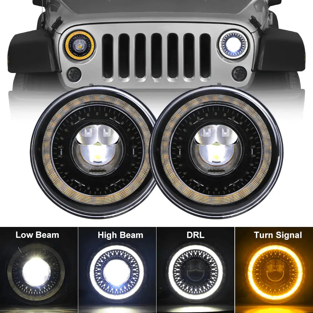 7 LED Headlight with Halo DRL and Turn Signal Lights & Smoked LED Tail Light Combo - High Performance Lighting Kit for Trucks, Jeeps, SUVs - Perfect for Off-Roading, Night Driving and Custom Vehicle Upgrades