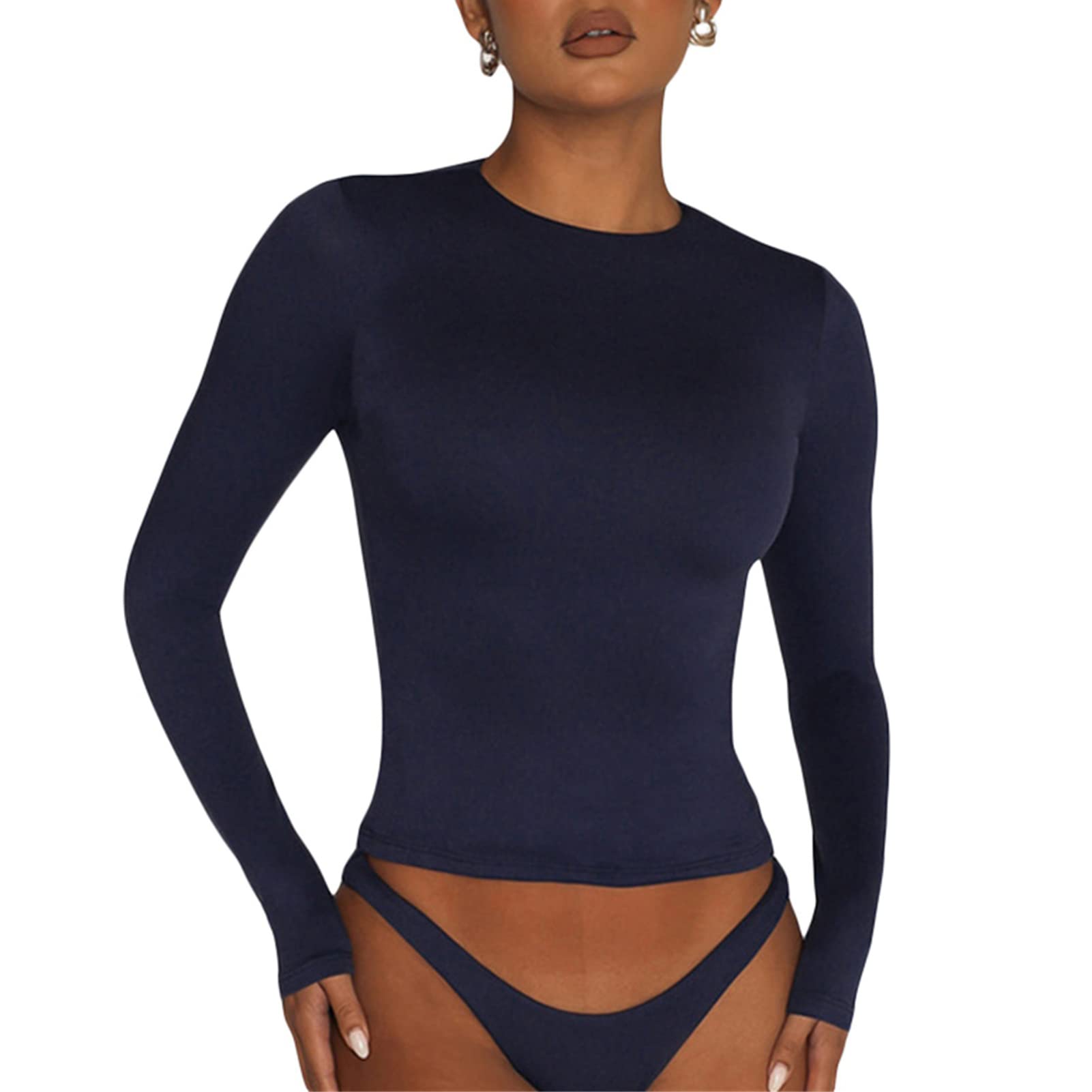 Women's Long Sleeve Crop Top - Slim Fit Basic Crew Neck T-Shirt for Casual Wear | Y2K Fashion Staple for Street Style & Everyday Outfits