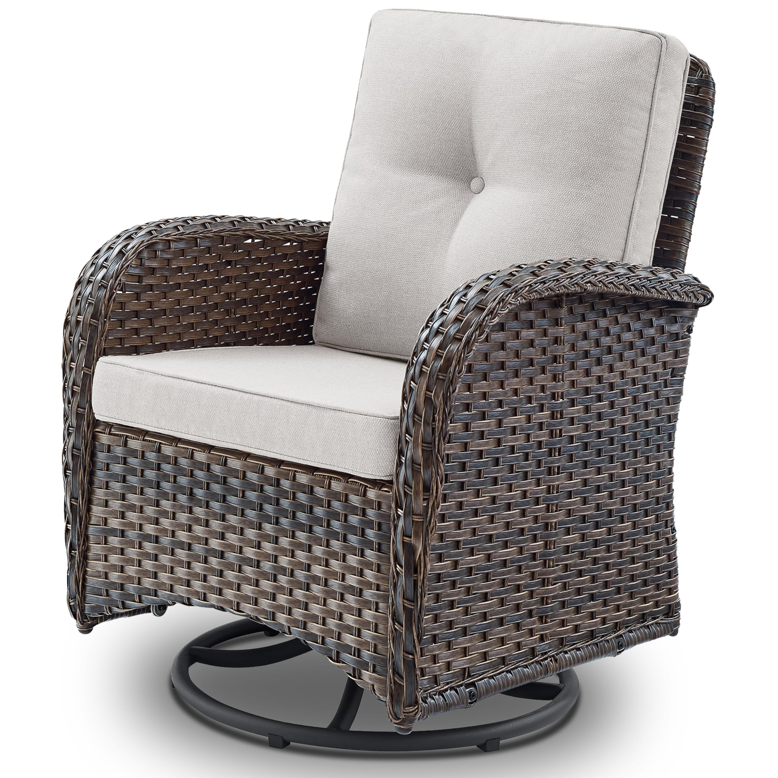PE Wicker Swivel Glider Chair with Cushions - Patio Furniture for Outdoor Porch, Deck & Balcony - Brown/Beige - Perfect for Relaxing, Reading & Enjoying Sunset Views