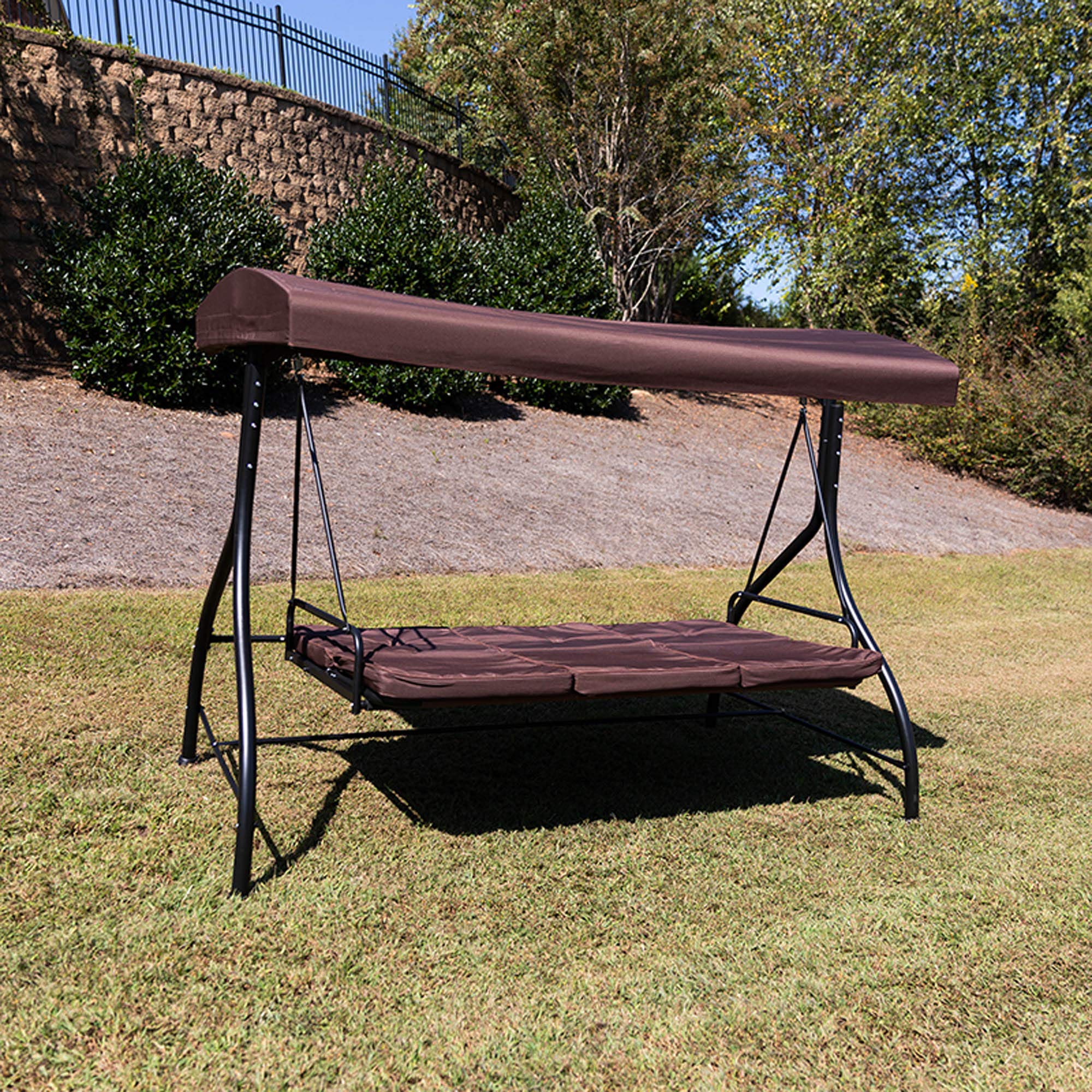 Flash Furniture Tellis 3-Seat Outdoor Steel Patio Swing with Canopy & Cushions - Convertible Hammock Swing Bed in Brown - Perfect for Backyard, Garden, and Poolside Relaxation