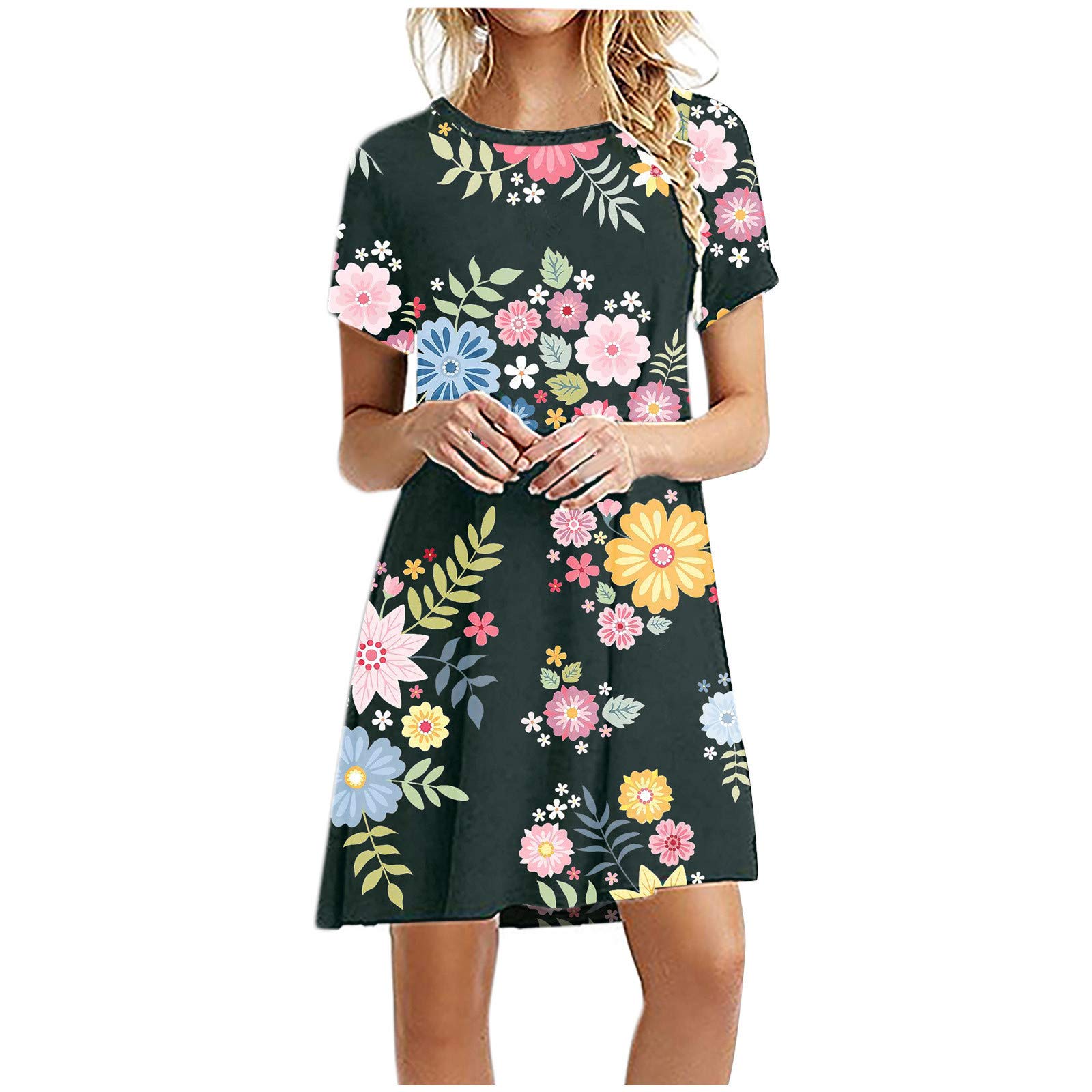Women's Printed Short Sleeve Loose Fit Round Neck Dress - Fashion Summer Casual Dress for Women 2024 | Perfect for Beach Outings, Date Nights & Weekend Wear