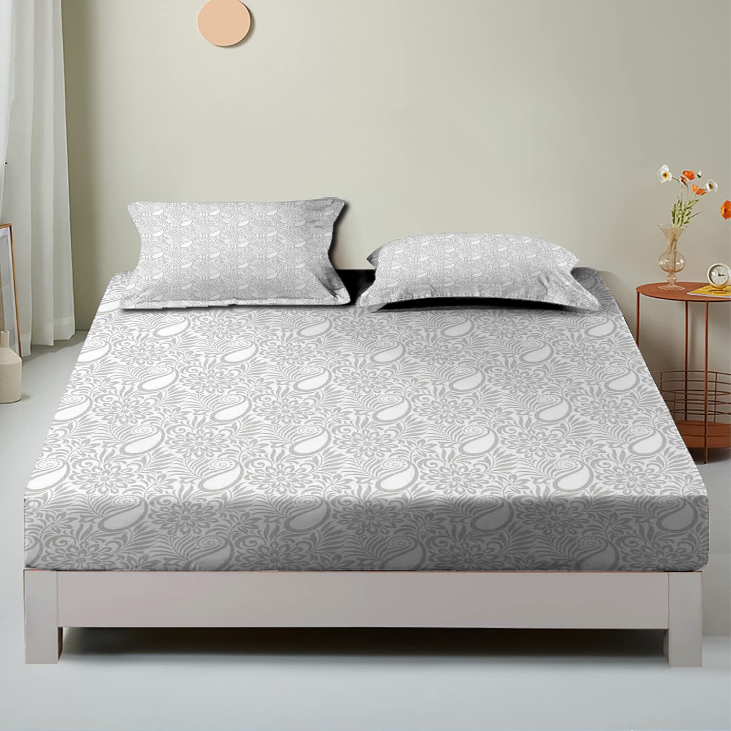 Paisley King Fitted Sheet & Pillow Sham Set - Abstract Floral Leaf Pattern 3-Piece Bedding Decor, Deep Pocket Sheets (White) | Perfect for Master Bedroom, Guest Room & Bohemian Home Decor
