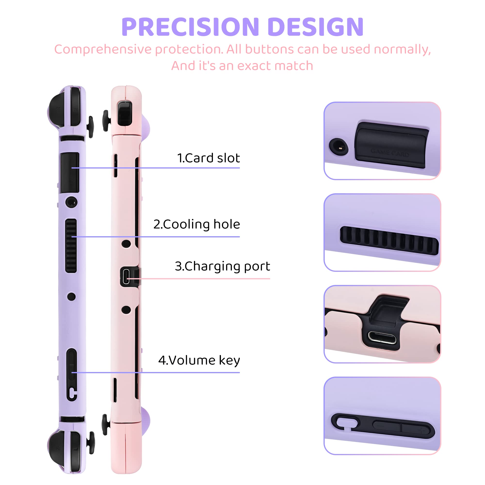 Nintendo Switch OLED Protective Case with Dockable Cover & 2 Cat Paw Thumb Grips - Pink & Purple for Joy-Con Controllers | Perfect for Gaming, Travel & Storage Protection