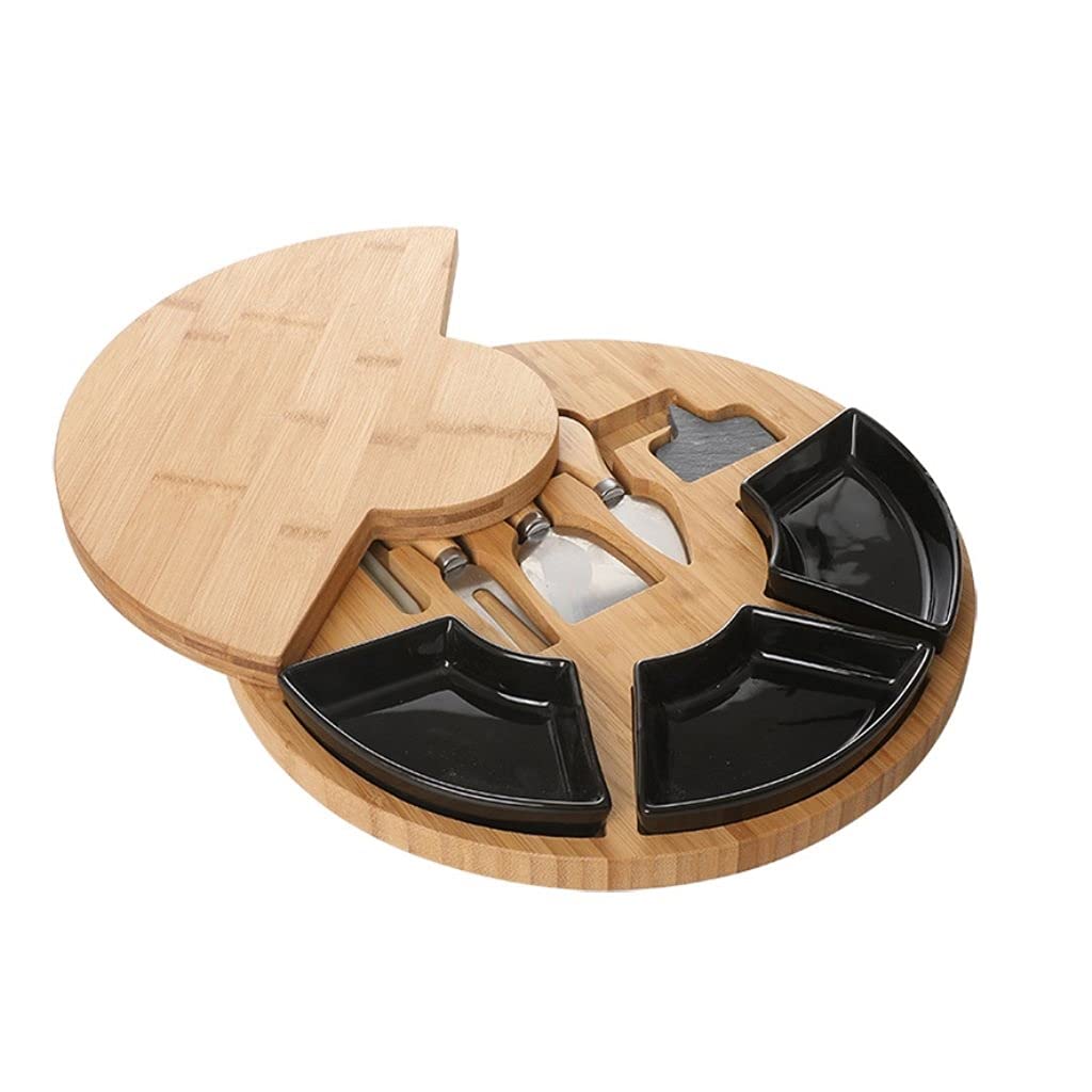 Premium Bamboo Charcuterie Board Set with 4 Stainless Steel Knives & 3 Ceramic Bowls - Elegant Cheese Platter for Entertaining, Pizza Serving, Candy Display, Bread & Biscuits - Perfect for Parties, Weddings & Holiday Gatherings (Black)