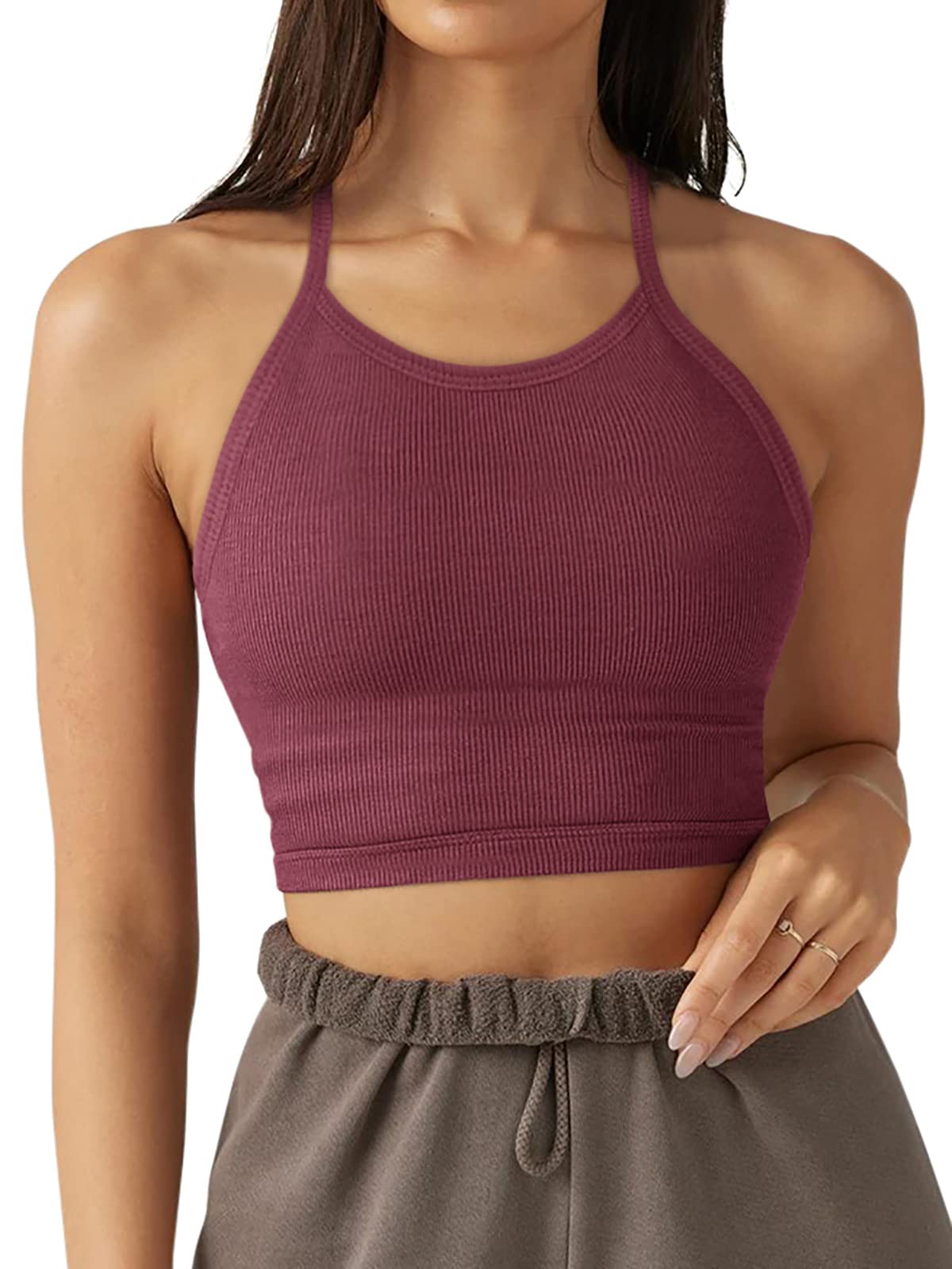 LASLULU Women's Sports Bra - Racerback Yoga Crop Top with Longline Design for Workout, Running & Gym | Breathable Halter Neck Casual Tank Tops for Fitness & Daily Wear