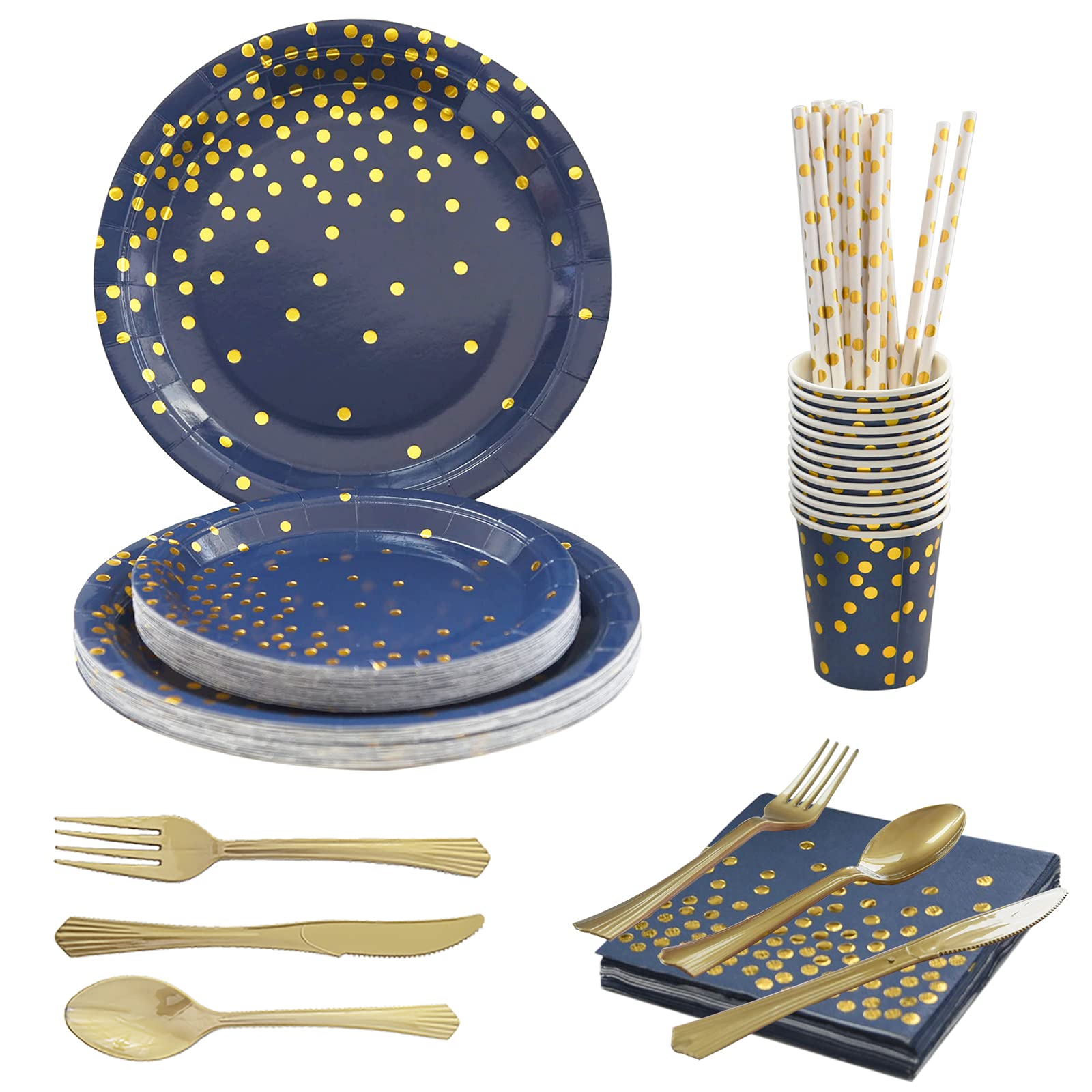200-Piece Disposable Tableware Set for 25 Guests - Elegant Dark Blue & Gold Dot Design - Includes Dinner Plates, Dessert Plates, Forks, Knives, Spoons, Cups, Napkins & Straws - Perfect for Birthday Parties, Weddings, Baby Showers & Outdoor Events