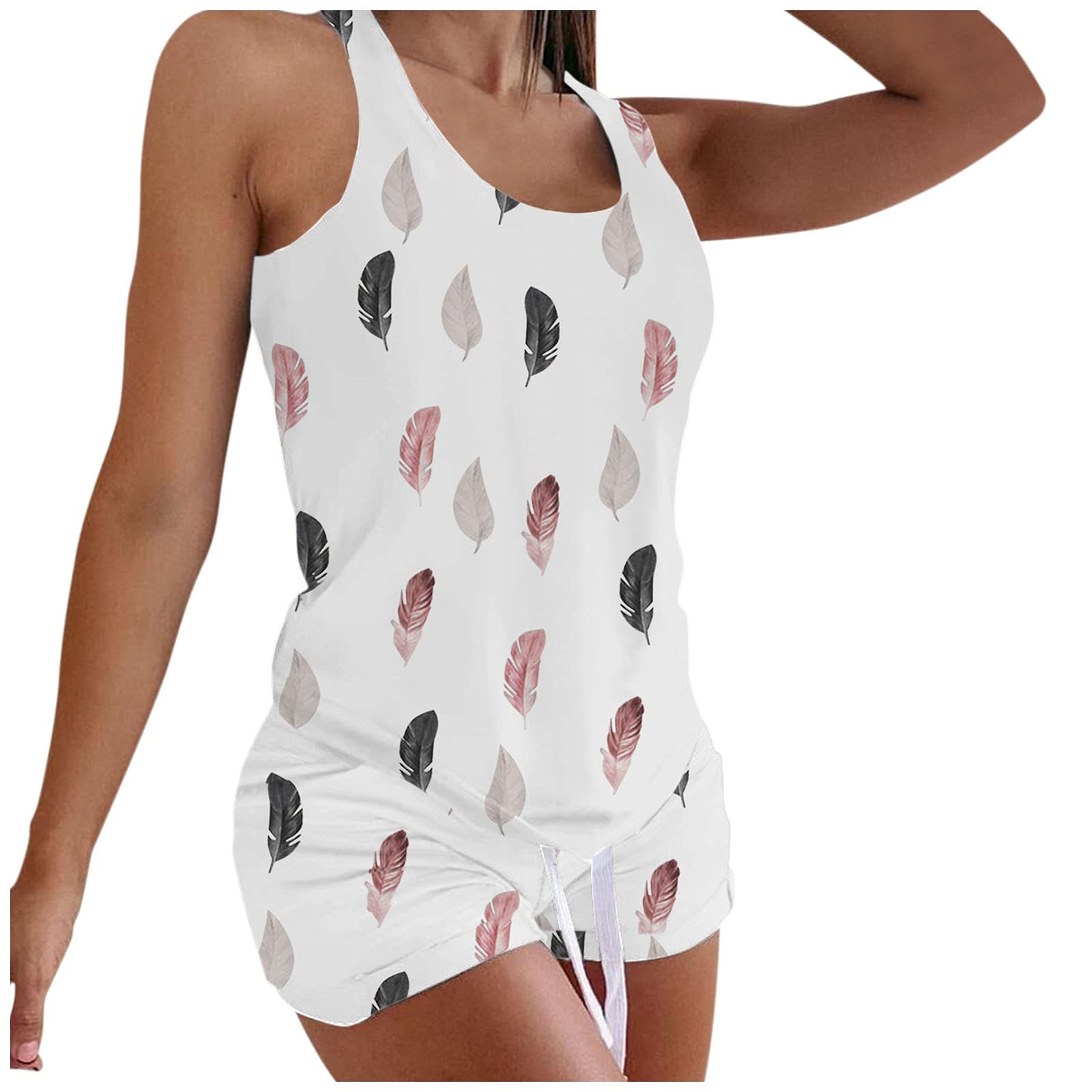 Women's Sleeveless Vest & Shorts Printed Two-Piece Lounge Set - Plus Size Casual Lingerie Pajamas (White, Small) - Perfect for Sleepwear, Home Relaxation & Summer Comfort