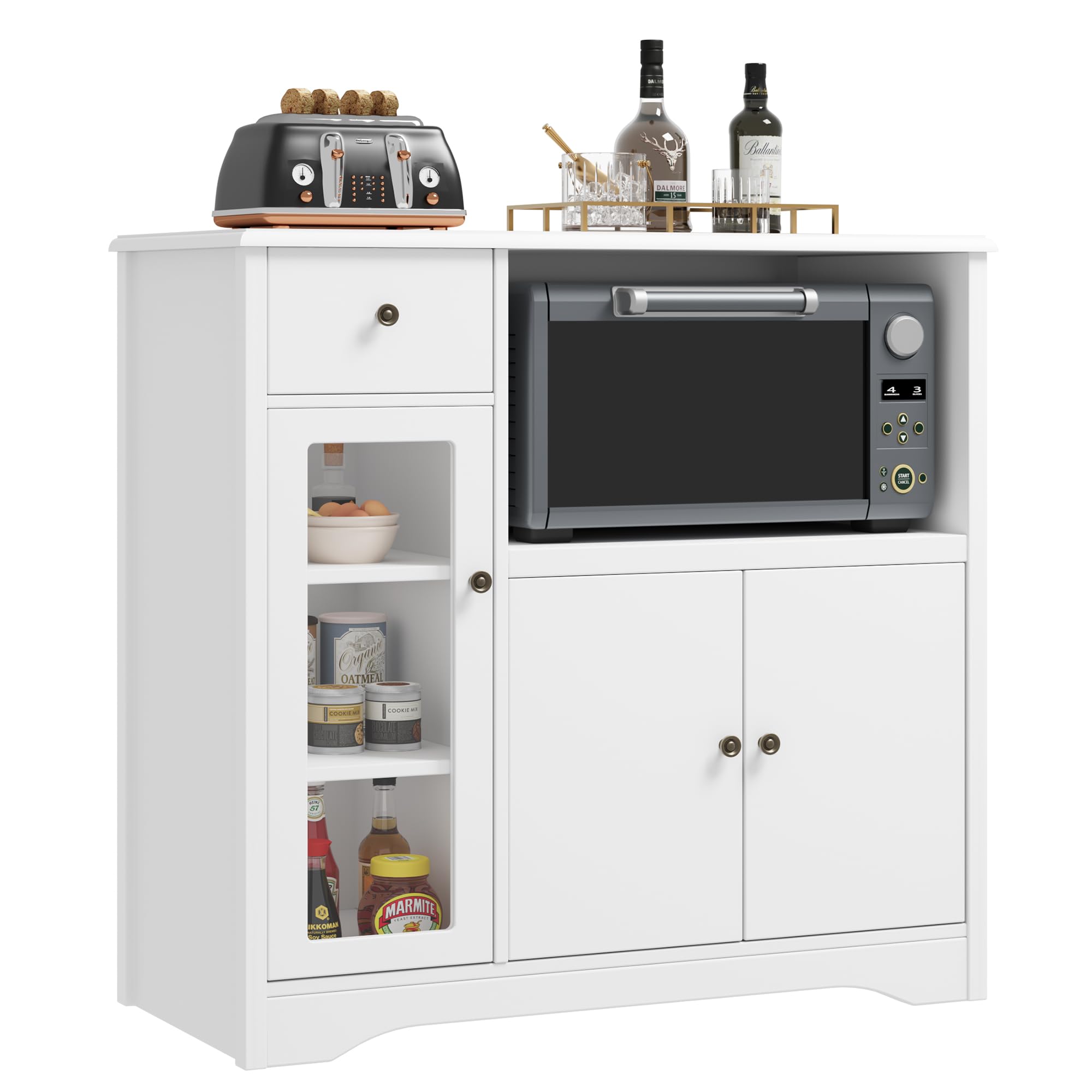 HORSTORS 3-Door Storage Cabinet with Adjustable Shelves & Drawer - White Kitchen Buffet Sideboard for Microwave, Dining Room & Home Organization
