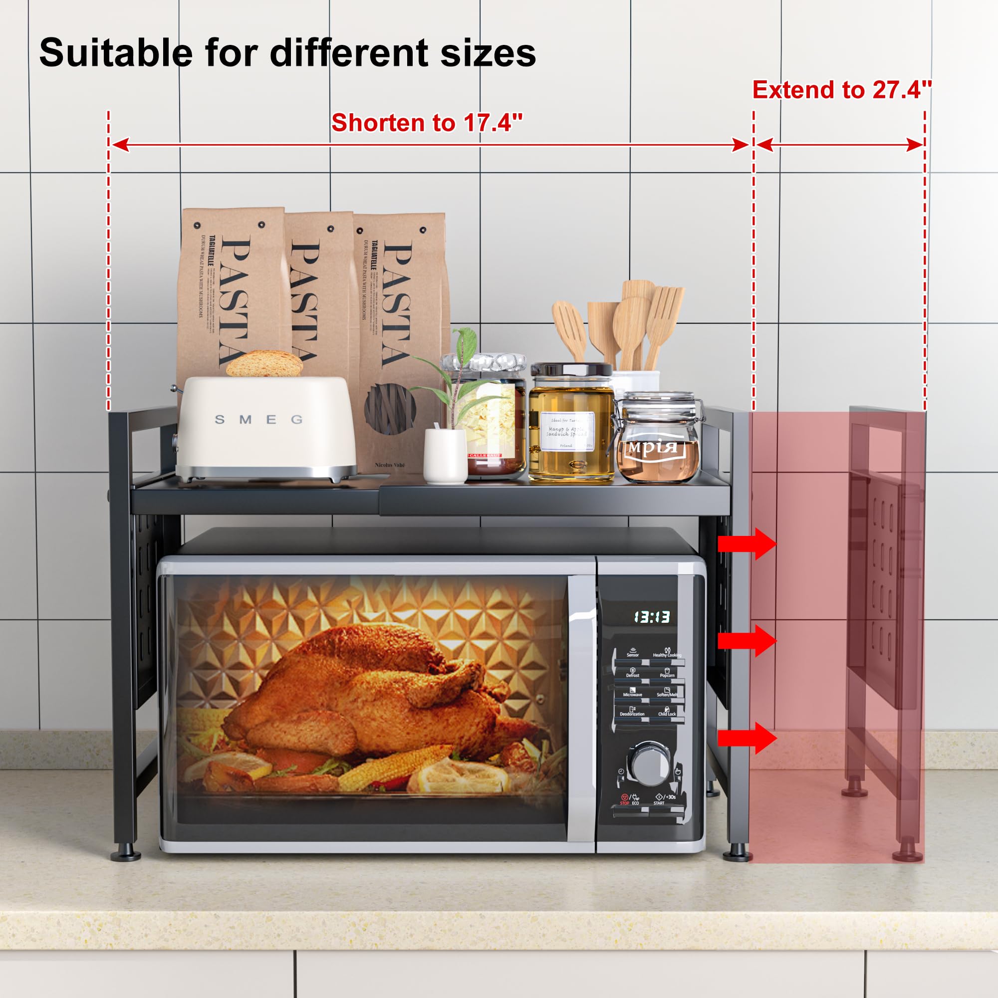 Expandable 2-Tier Microwave Oven Rack - Heavy Duty Metal Kitchen Countertop Organizer Shelf with 88lbs Capacity - Perfect for Baking, Cooking & Small Appliance Storage in Compact Spaces