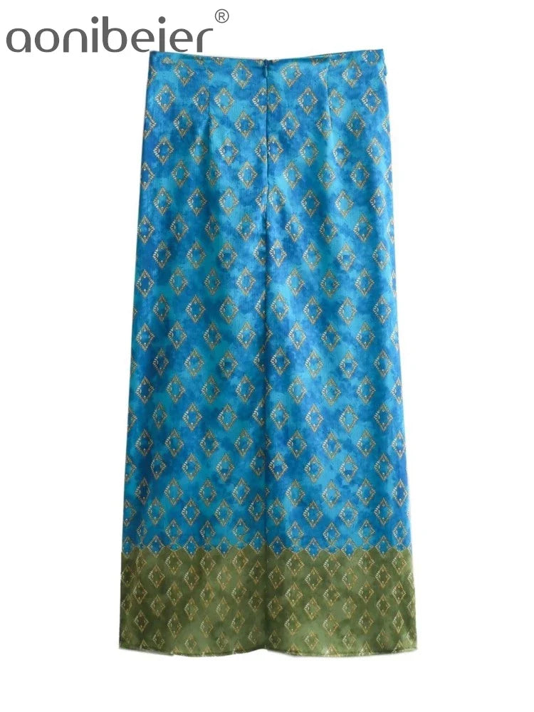 Aonibeier Women's High Waist Long Maxi Skirt - Thin Satin Printed Patchwork Summer Skirt with Front Slit & Zipper - Y2K Fashion Beachwear for Vacations, Parties & Boho Outfits