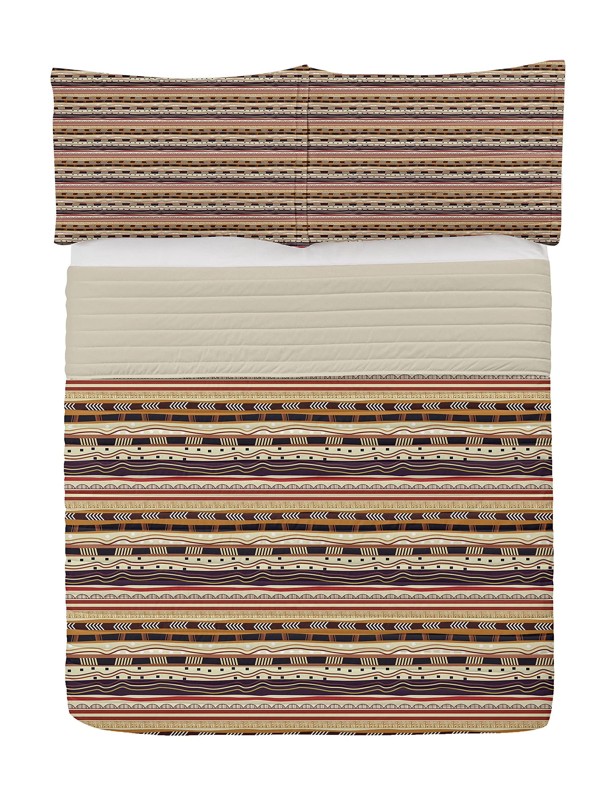 Ambesonne Tribal Microfiber Bedspread Set - King Size Brown Yellow with Arrows, Triangles, Dots & Curved Lines Motifs | Soft Bedding Comforter & Pillow Shams | Oriental Design for Cozy Bedroom Decor