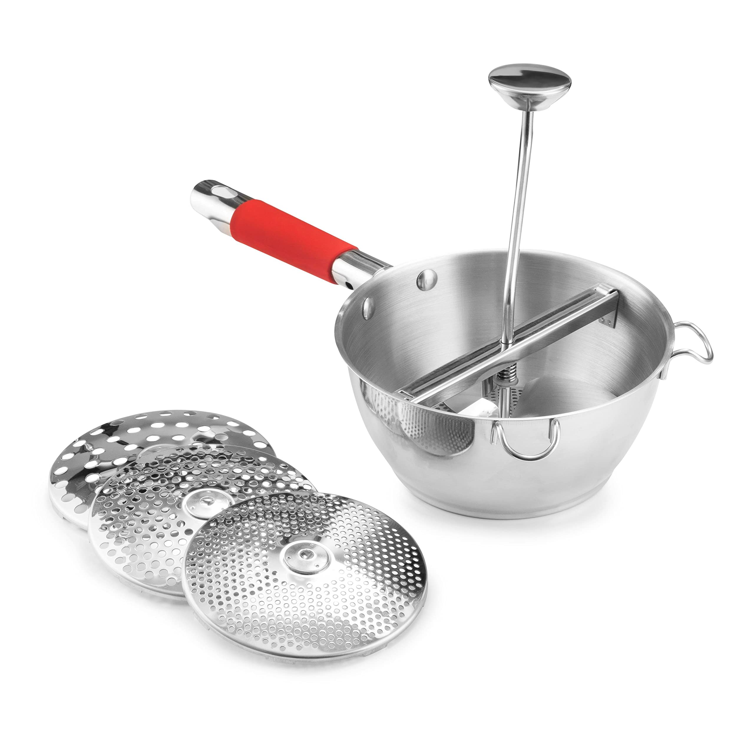Stainless Steel Food Mill with 3 Grinder Discs - Hand Crank Grain Mill for Mashing Potatoes, Straining Fruits & Vegetables - Perfect for Baby Food, Purees & Homemade Sauces - Bezrat (Red)