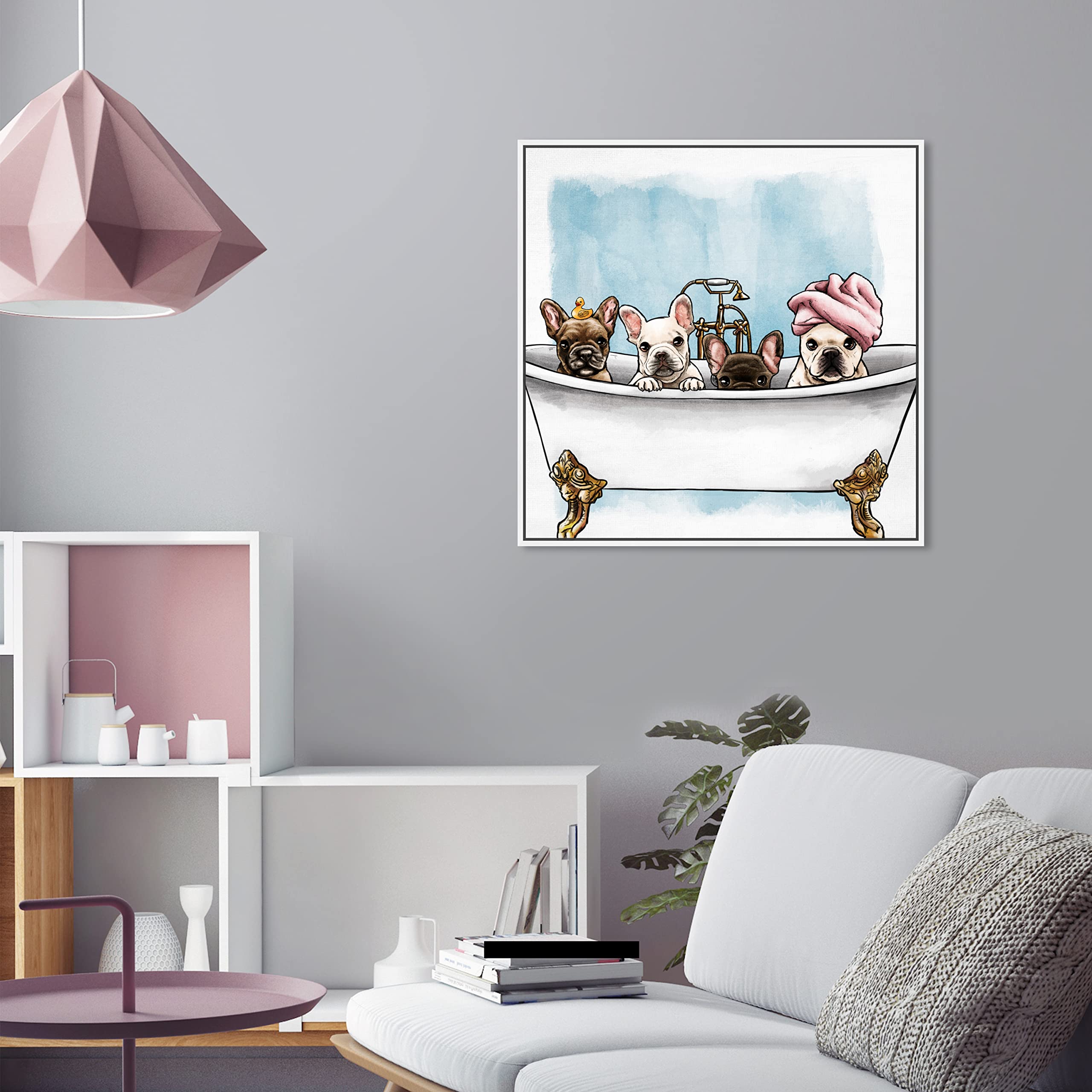 Oliver Gal Artist Co. 'Frenchies in The Tub' Dog Wall Art - 24x24 Inch Framed Canvas Print in White & Blue | Puppy Decor for Bathroom, Nursery & Living Room