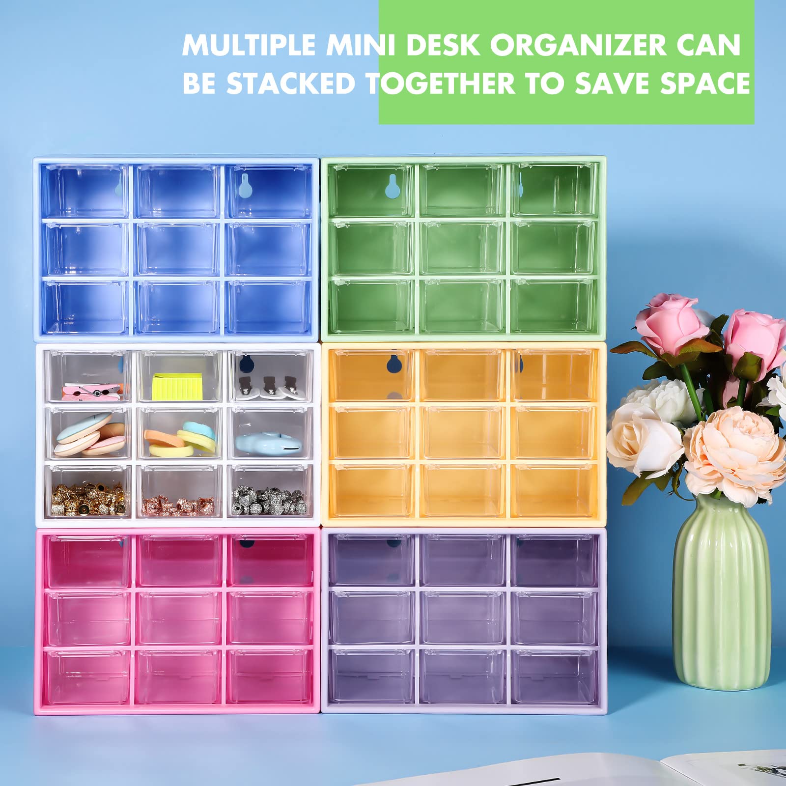 Amyhill 6-Piece Mini Drawer Organizer Set - 9-Drawer Plastic Desktop Storage Box for Office, Home & Craft Supplies | Perfect for Jewelry, Cosmetics & Small Item Organization (Purple) | Ideal for Bedroom, Bathroom & Workspace Clutter Control