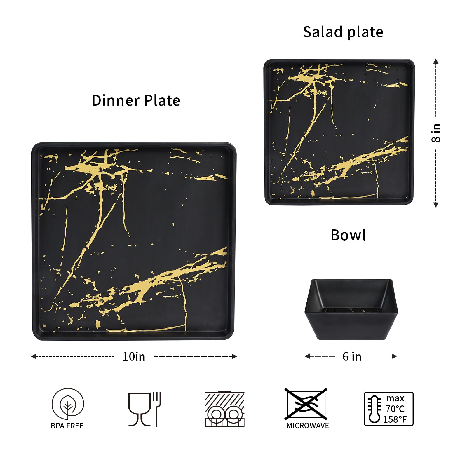 Premium 12-Piece Melamine Dinnerware Set - Square Plates & Bowls for 4, Durable & Dishwasher Safe, Elegant Black & Gold Design for Indoor/Outdoor Dining, Parties, and Picnics