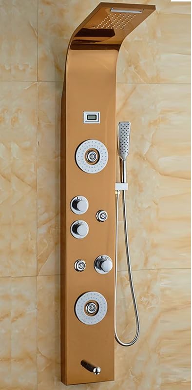 Premium 304 Stainless Steel 6-in-1 Digital LED Shower Panel System with Body Massage, Overhead Shower, Dual Flow, Body Jets & Handheld Spray - Gold Finish | Luxury Bathroom Upgrade for Spa-Like Experience