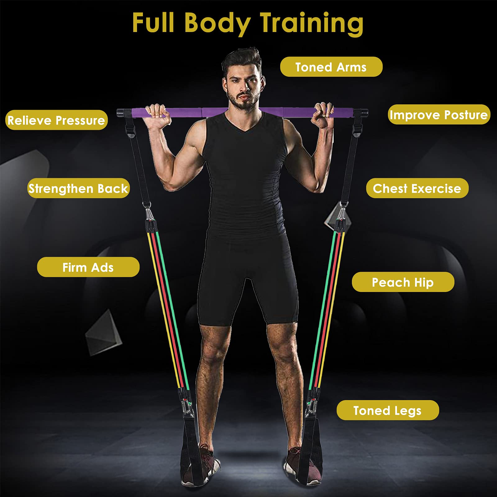 Yaegoo Pilates Bar Kit with Resistance Bands - Portable Home Gym Equipment for Men & Women - Stretching, Twisting, Sit-Up Exercises - Perfect for Yoga, Pilates, Home Workouts & Fitness Training