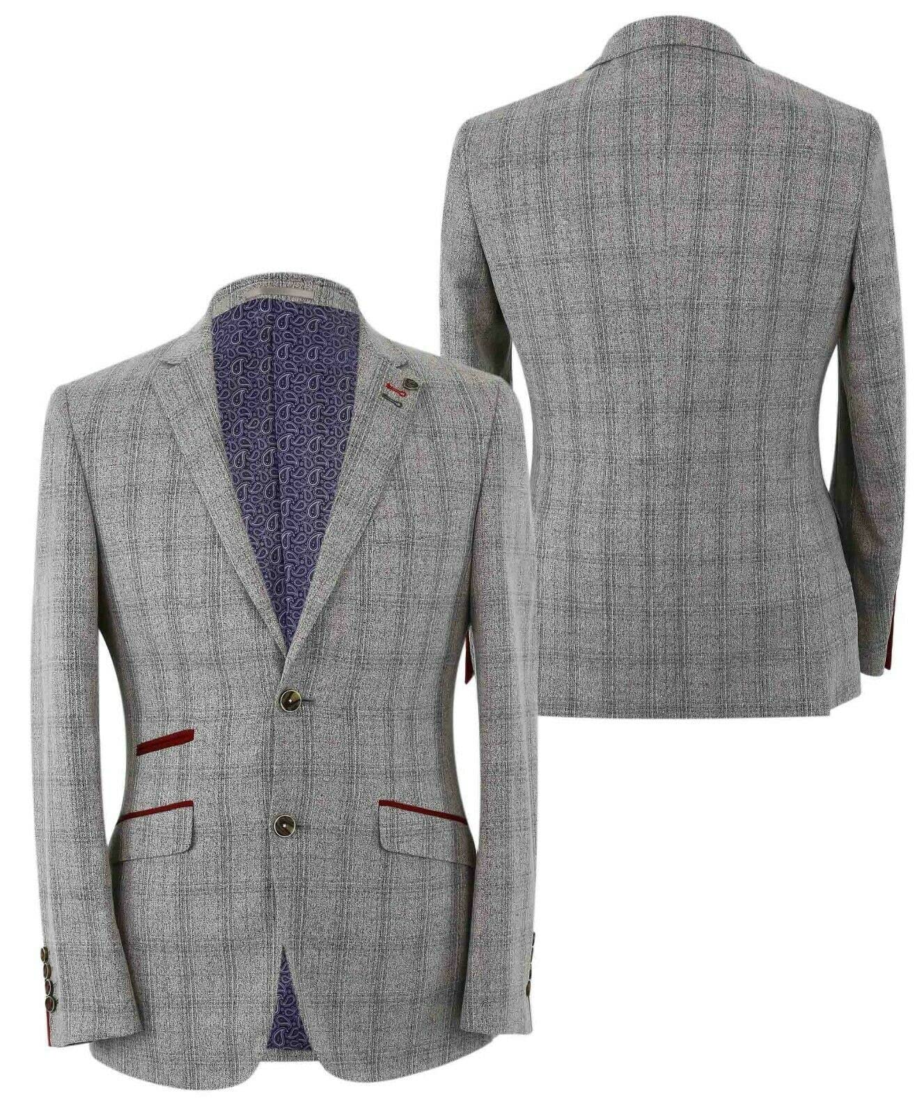 Men's Slim Fit Tweed Windowpane Check Blazer Waistcoat & Trousers Suit Set - Grey Formal Business Wedding Attire | Perfect for Office, Ceremonies and Special Occasions