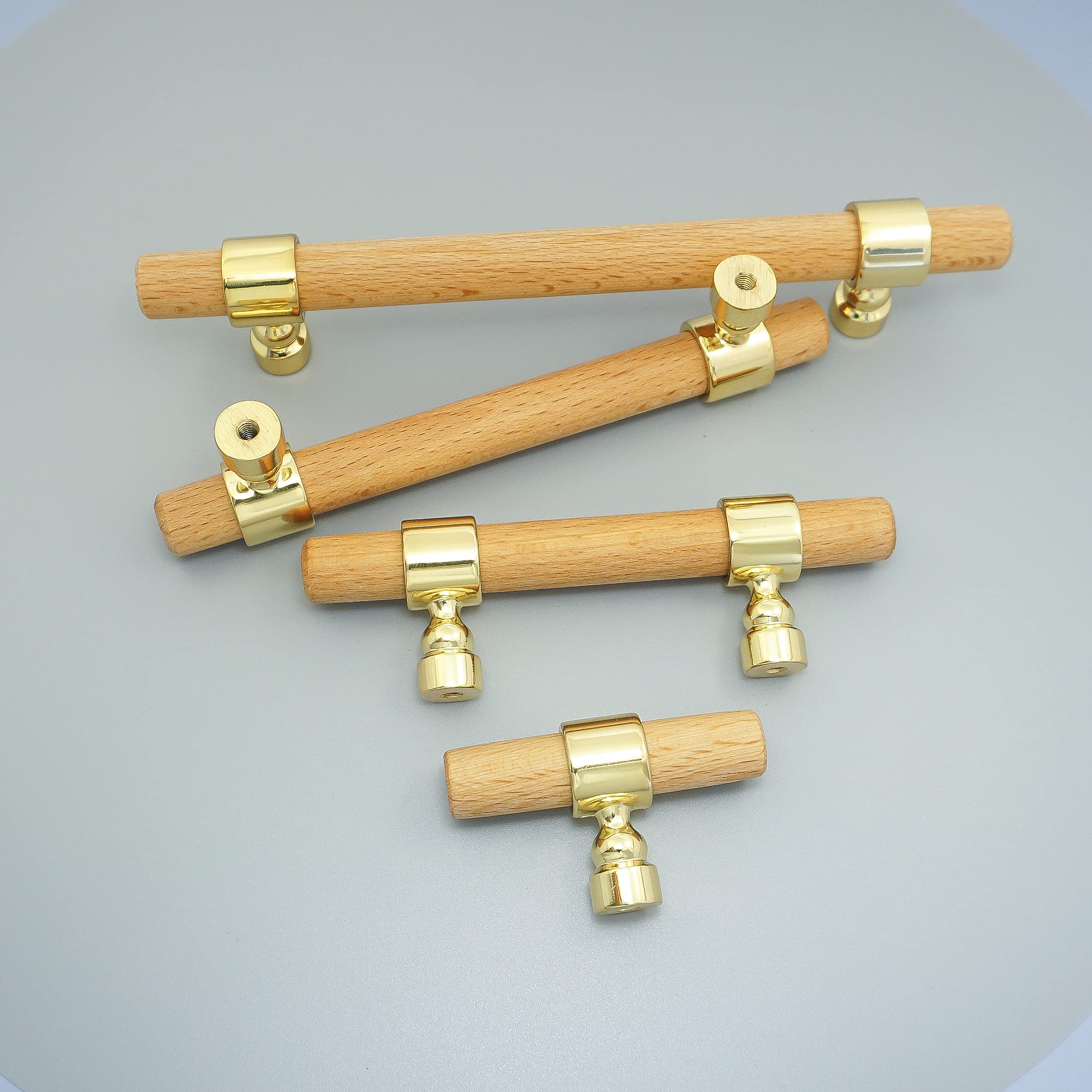 Premium Beech Wood Cabinet Knobs with Brass Handles - Bright Gold Drawer Pulls for Dresser & Cupboard Hardware | Perfect for Bedroom Furniture, Kitchen Cabinets & DIY Home Renovation Projects