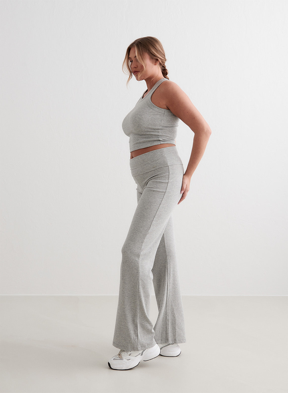 Grey Melange Ease Ribbed Pants for Women - Comfortable Stretchy High Waist Lounge Pants - Perfect for Yoga, Home Wear & Casual Outfits