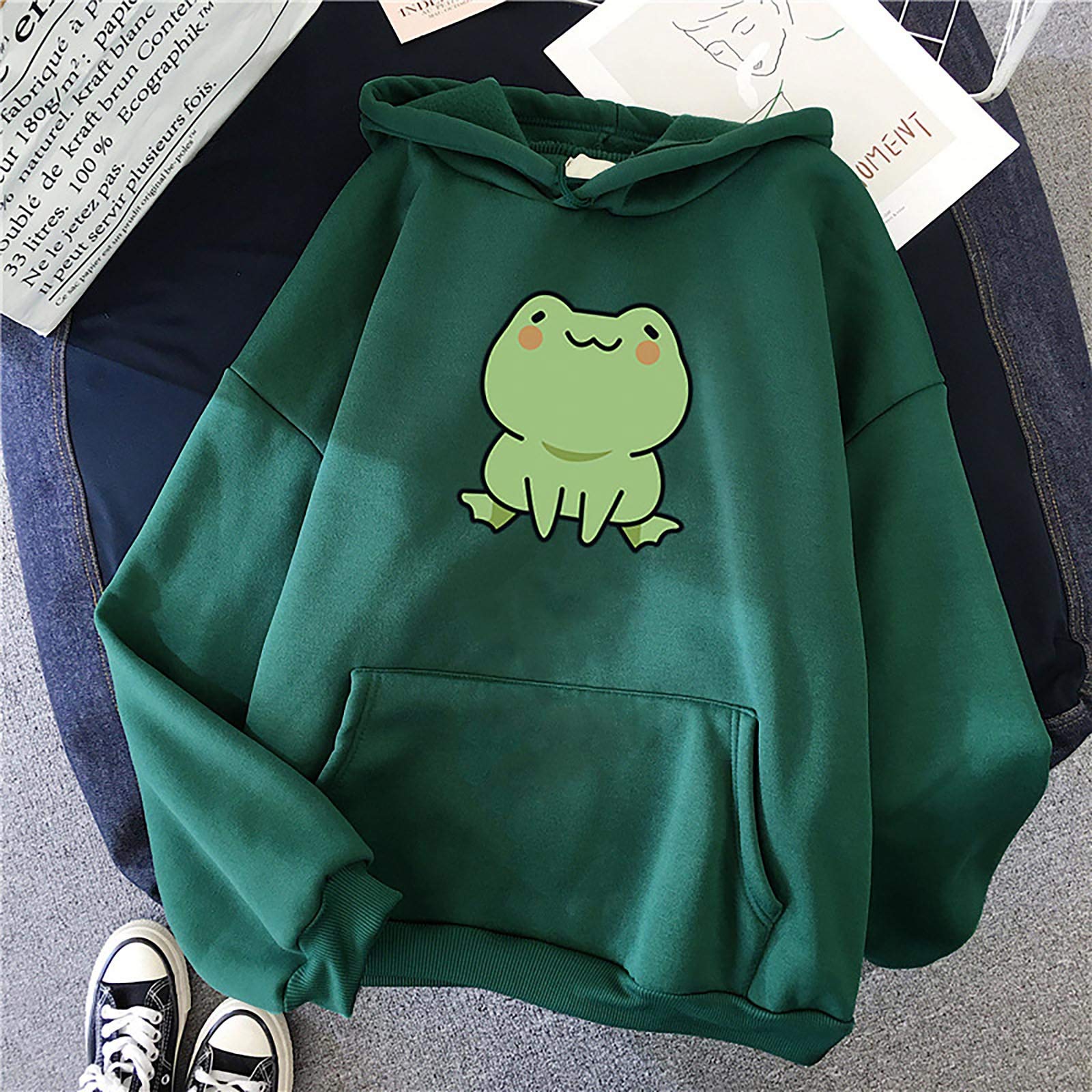Cute Frog Print Hoodie for Women & Teen Girls - Loose Fit Pullover Sweatshirt with Hood | Casual Streetwear, Lounge Wear & Cozy Outfit for Everyday