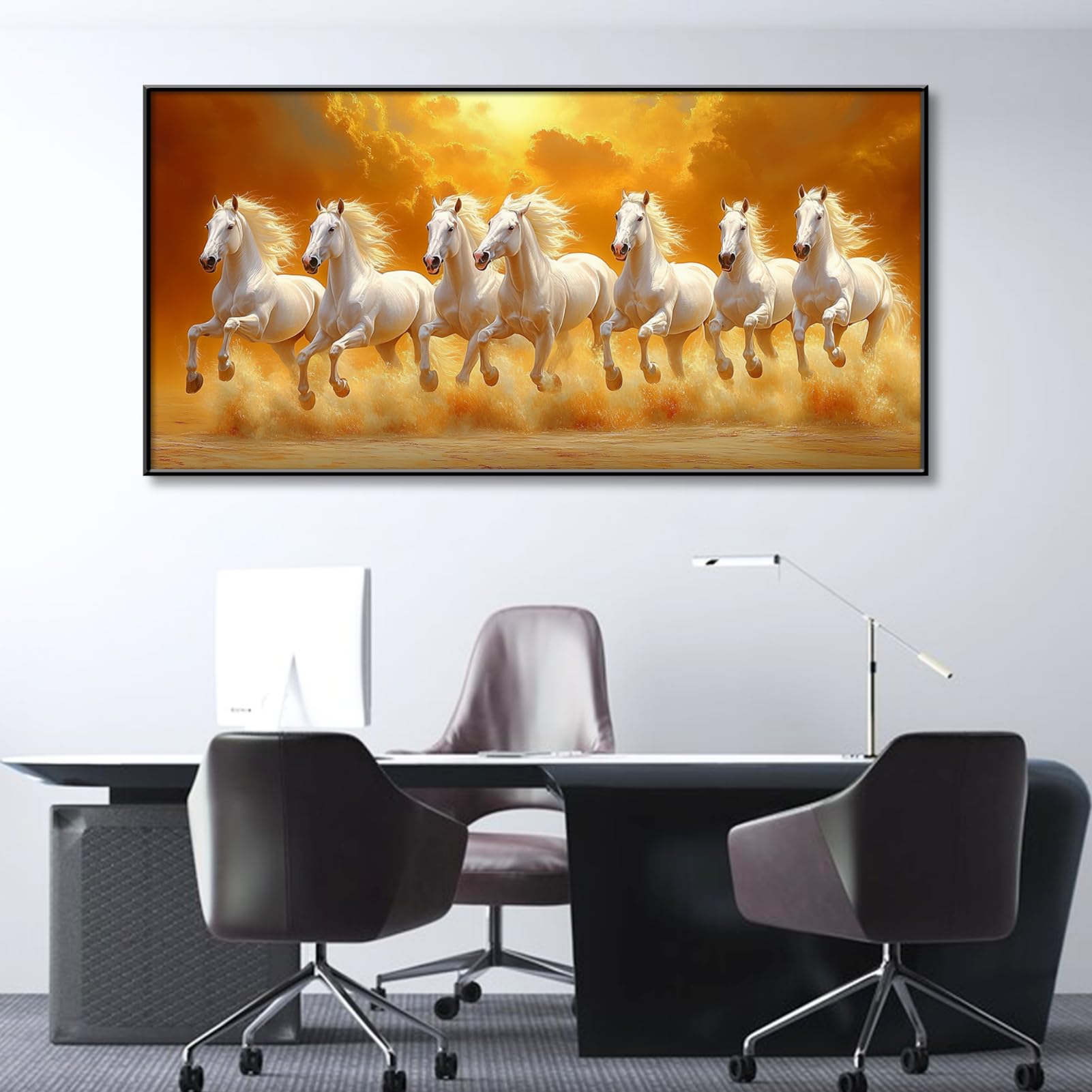 7 Running White Horses Canvas Wall Art - Gold Metal Framed (23