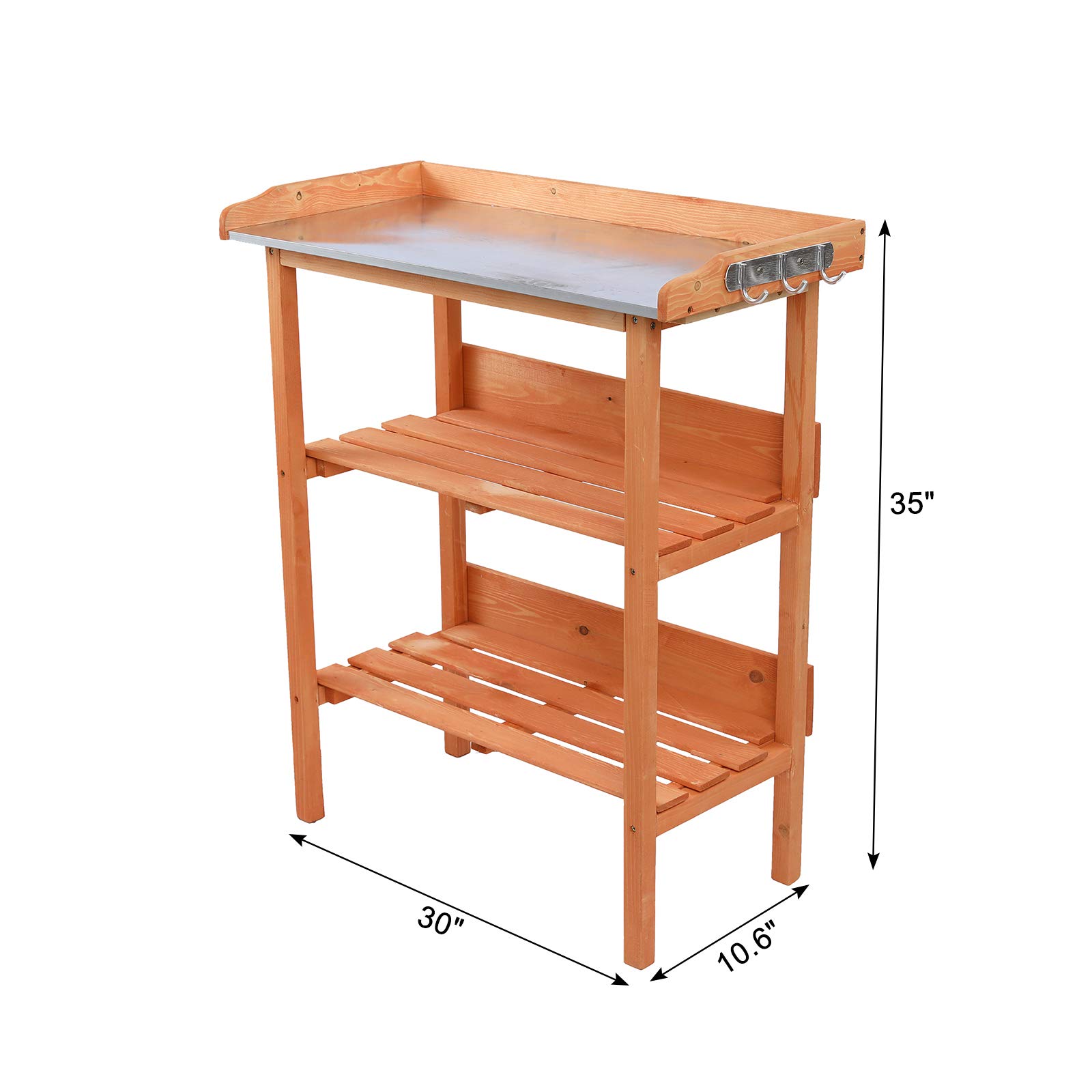 Heavy Duty Wooden Potting Bench with Metal Table Top & 3-Tier Shelves - Sturdy Outdoor Garden Workstation with Open Storage & Hanging Hooks - Perfect for Planting, Gardening, and DIY Projects in Backyard or Greenhouse