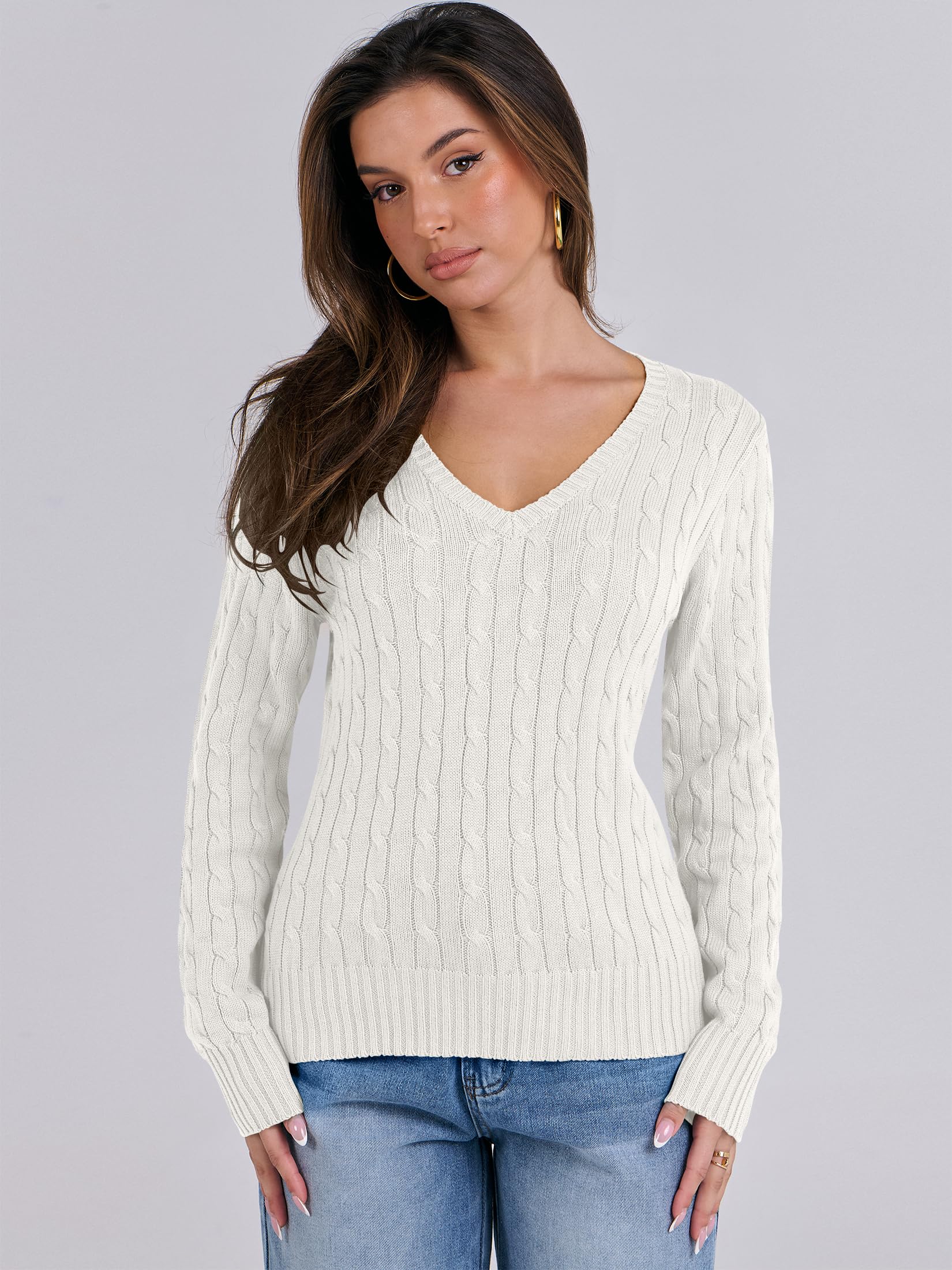 ANRABESS Women's Long Sleeve V Neck Cable Knit Sweater - Soft Pullover Top for Spring 2025 - Cute & Dressy Casual Outfit for Work, Dates & Everyday Wear