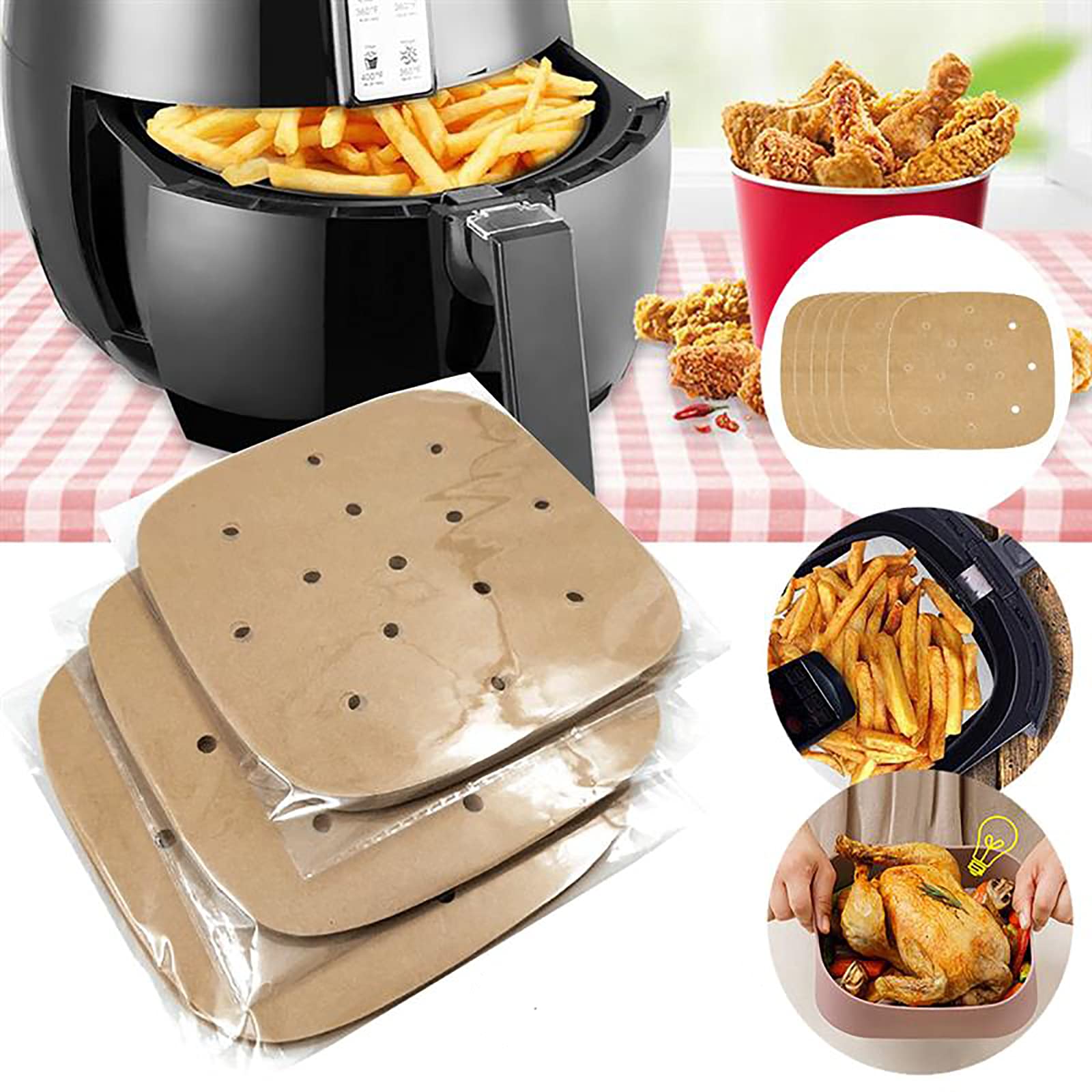 200Pcs Non-Stick Perforated Air Fryer Parchment Paper Liners - 8.5 Inch Square Baking Sheets for Air Fryers, Ovens & Steamers | Perfect for Healthy Cooking, Crispy Fries & Easy Cleanup