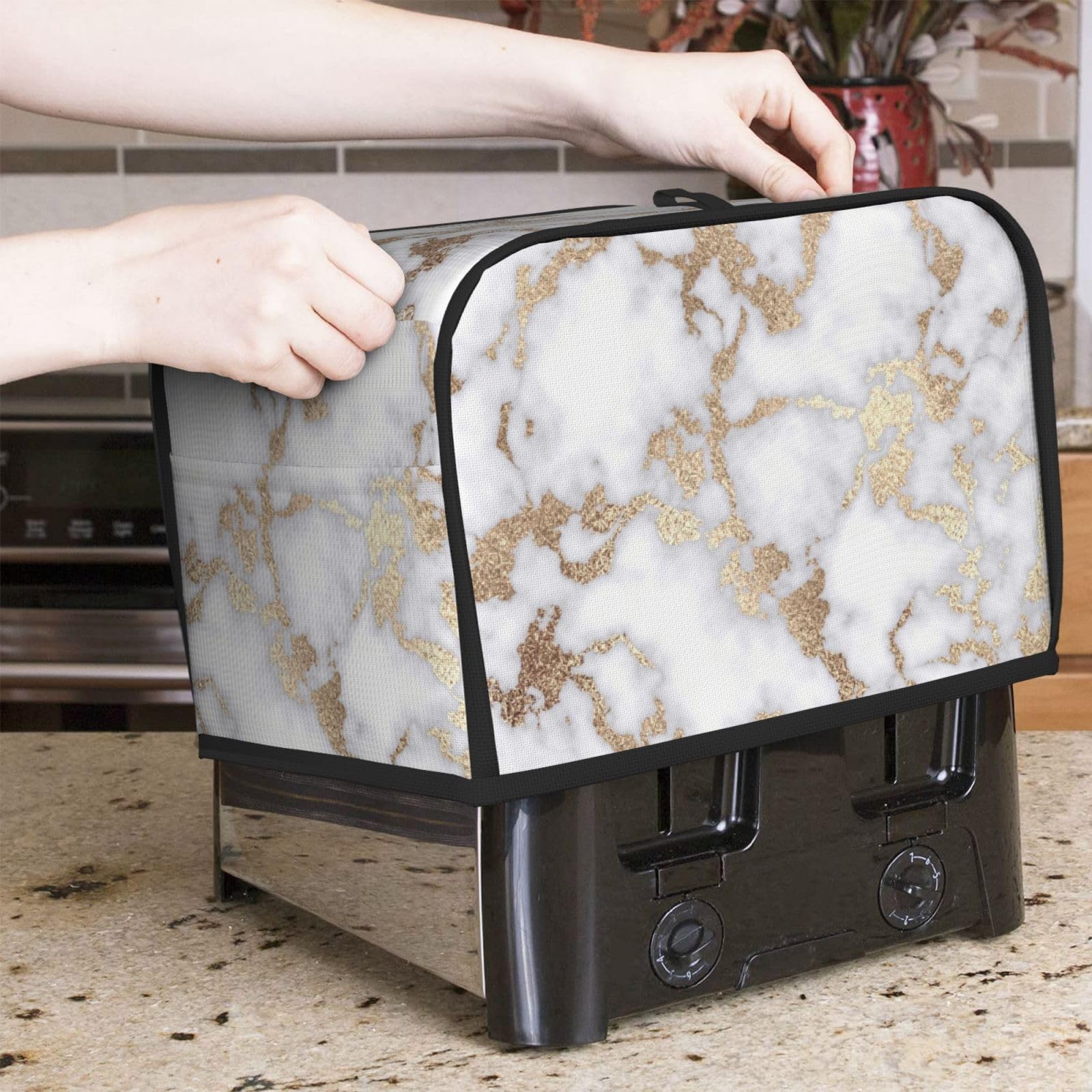 Stylish White Gold Foil Marble Toaster Cover with Pockets - Quilted Polyester 2-Slice Toaster Dust Cover for Kitchen Appliances, Microwave & Small Electronics - Perfect for Home Decor & Women's Gifts (Fingerprint Protection & Dustproof)