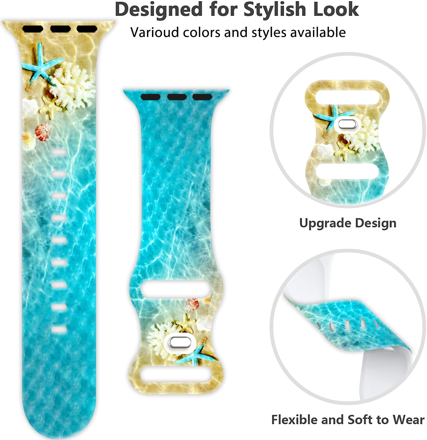 38mm 40mm 41mm 42mm Cute Beach Silicone Watch Band - Soft Replacement Strap for Apple Watch & Smartwatches, Unisex Waterproof Wristband for Women Men - Perfect for Swimming, Surfing & Summer Vacation Gifts