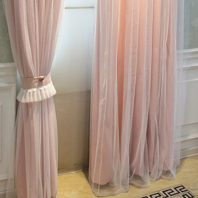 Luxury Rose Veil Sheer Blackout Curtains - Pink Elegant Window Drapes for Bedroom & Living Room, Light Filtering & Privacy Protection