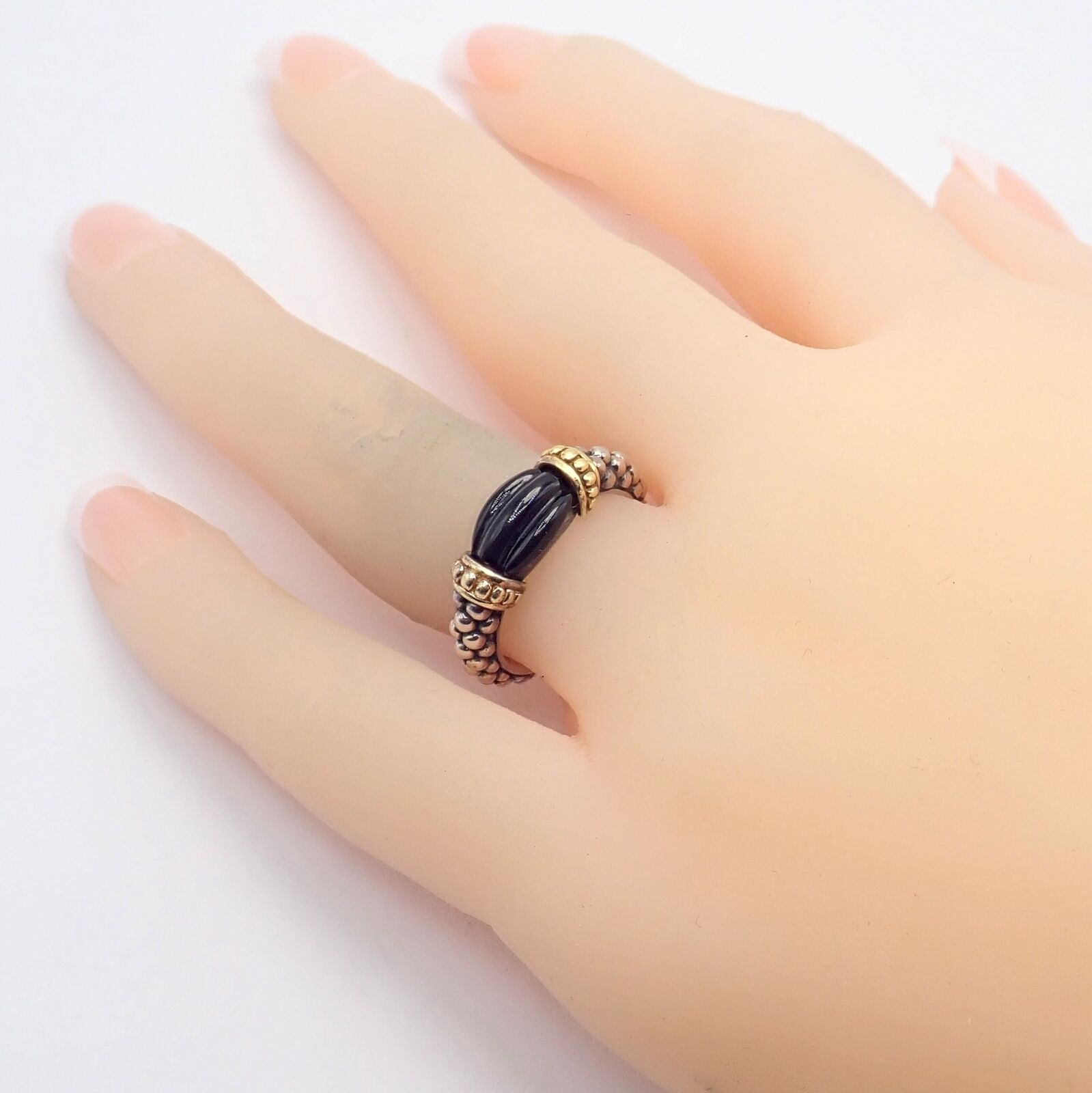 Authentic Lagos Caviar Silver & 18k Yellow Gold Onyx Ring - Size 5.5 | Luxury Statement Jewelry for Women, Perfect for Weddings, Parties & Special Occasions