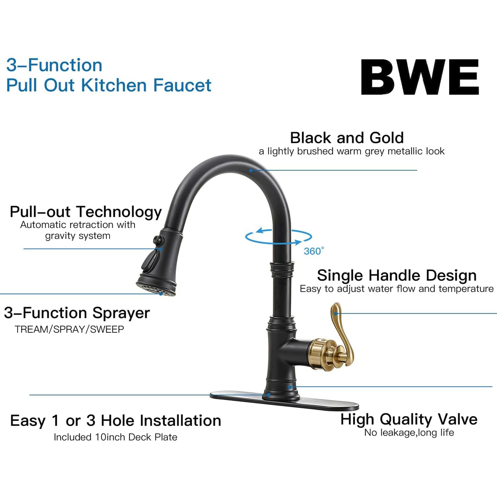 BWE Commercial Kitchen Faucet - Black High Arc Pull Down Sprayer with Gold Single Handle, 3 Spray Modes, Solid Brass Construction, 10