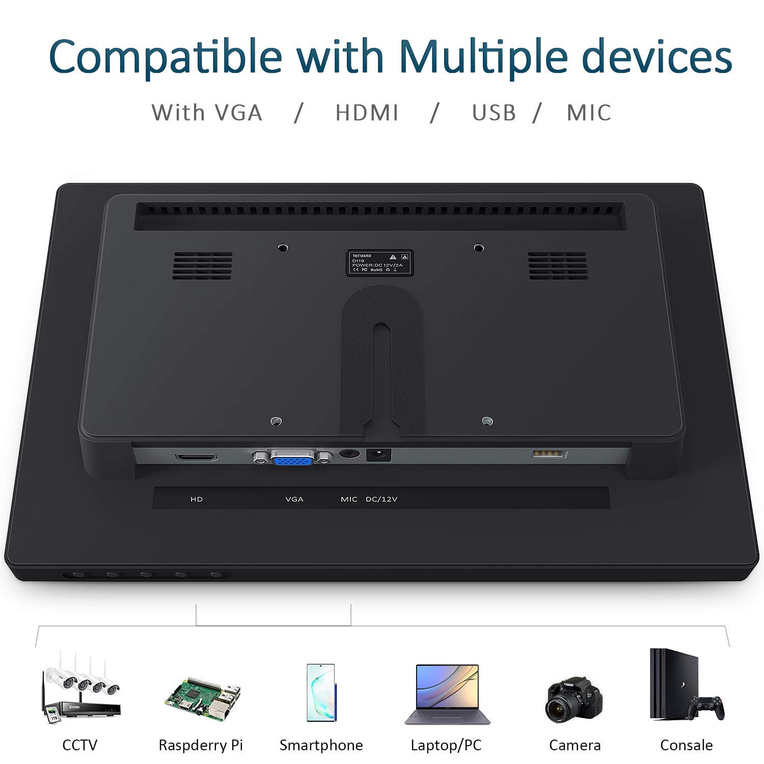 11.6 Inch Full HD 1080p Security Monitor - Compact Touch Screen Display with HDMI/VGA/USB Ports, Built-in Dual Speakers for Raspberry Pi, PC, Laptop & Mobile Phone - Ideal for Surveillance Systems, Digital Signage & Home Office Setup