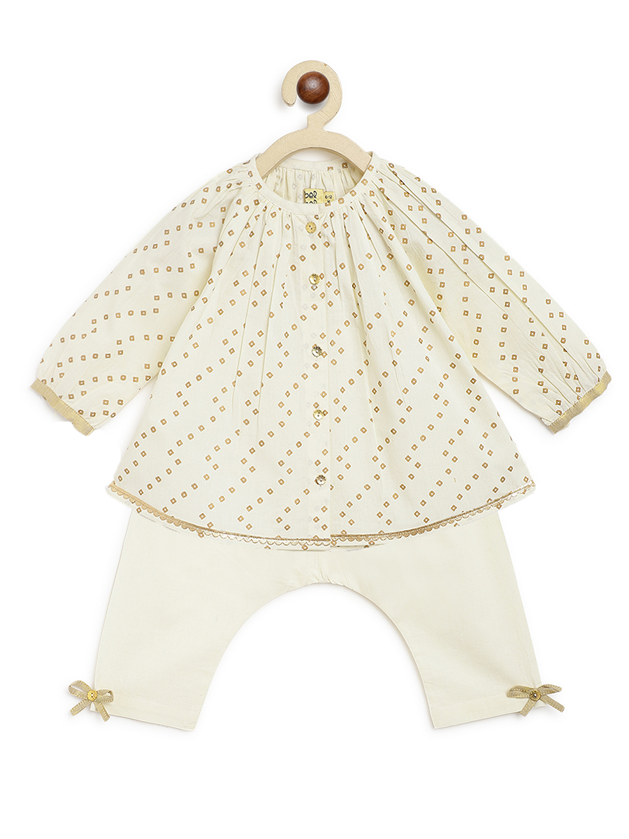 Baby Girl Bandhani Printed Jhabla Set Cream - Traditional Indian Ethnic Outfit for Infants & Toddlers - Perfect for Festivals, Weddings & Special Occasions