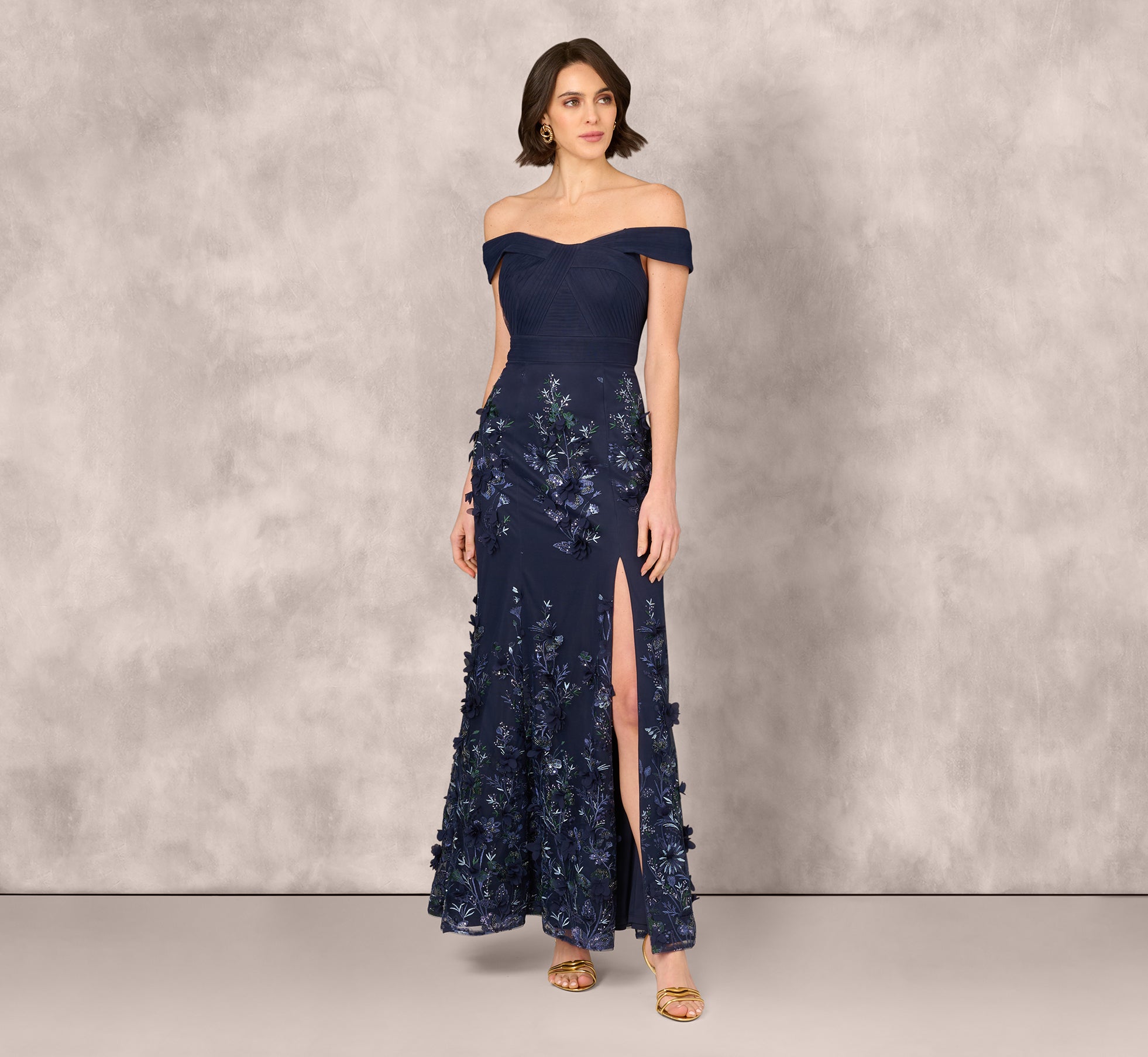**Elegant Navy Blue Off Shoulder Sequin Embroidery Mermaid Gown – Perfect for Prom, Evening Parties & Special Occasions**