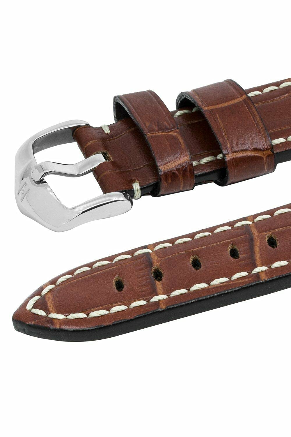 Hirsch Knight Genuine Calfskin Watch Strap - Alligator Embossed Leather with Contrast Stitching - Brown, Golden Brown, Black, Grey - Perfect for Dress Watches & Formal Occasions
