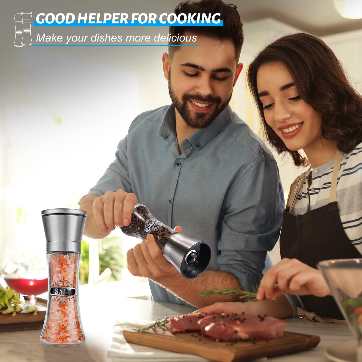 Premium Stainless Steel Salt and Pepper Grinder Set - Adjustable Coarseness, Refillable, Unique Pattern Design - Ideal for Kitchen, Dining Table & Spice Lovers - Perfect for Sea Salt, Black Pepper & Seasonings