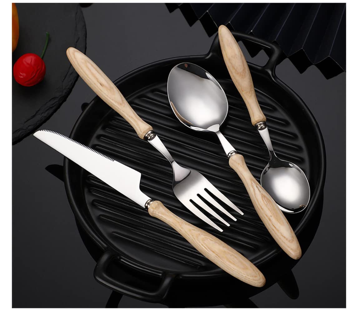 32-Piece Stainless Steel Flatware Set with Wooden Handle - Mirror Polished Silverware Utensils (Forks, Spoons, Knives) for Home, Restaurant & Daily Use - Perfect for Family Dinners, Parties & Outdoor Picnics